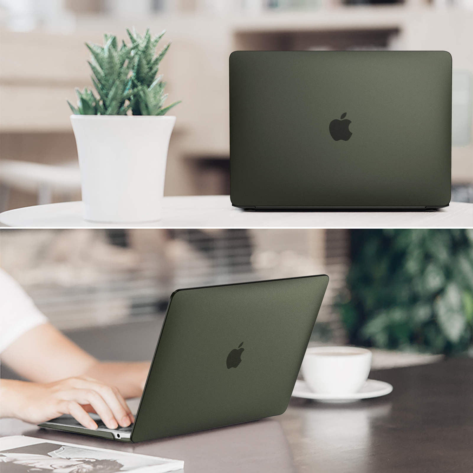 Grüner Laptop mit Apple-Logo auf einem Tisch neben einer Pflanze und in Gebrauch.