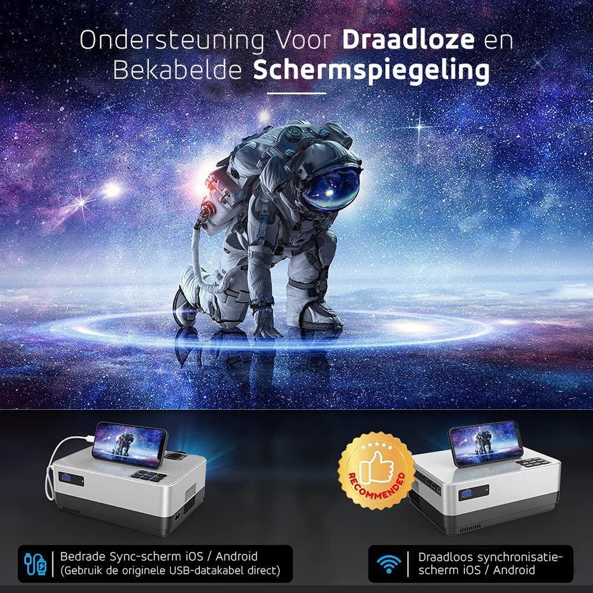 Astronaut im Weltraum mit Projektor und zwei Handys, die Bilder anzeigen. Der Text lautet 'Bildschirmspiegelung'.