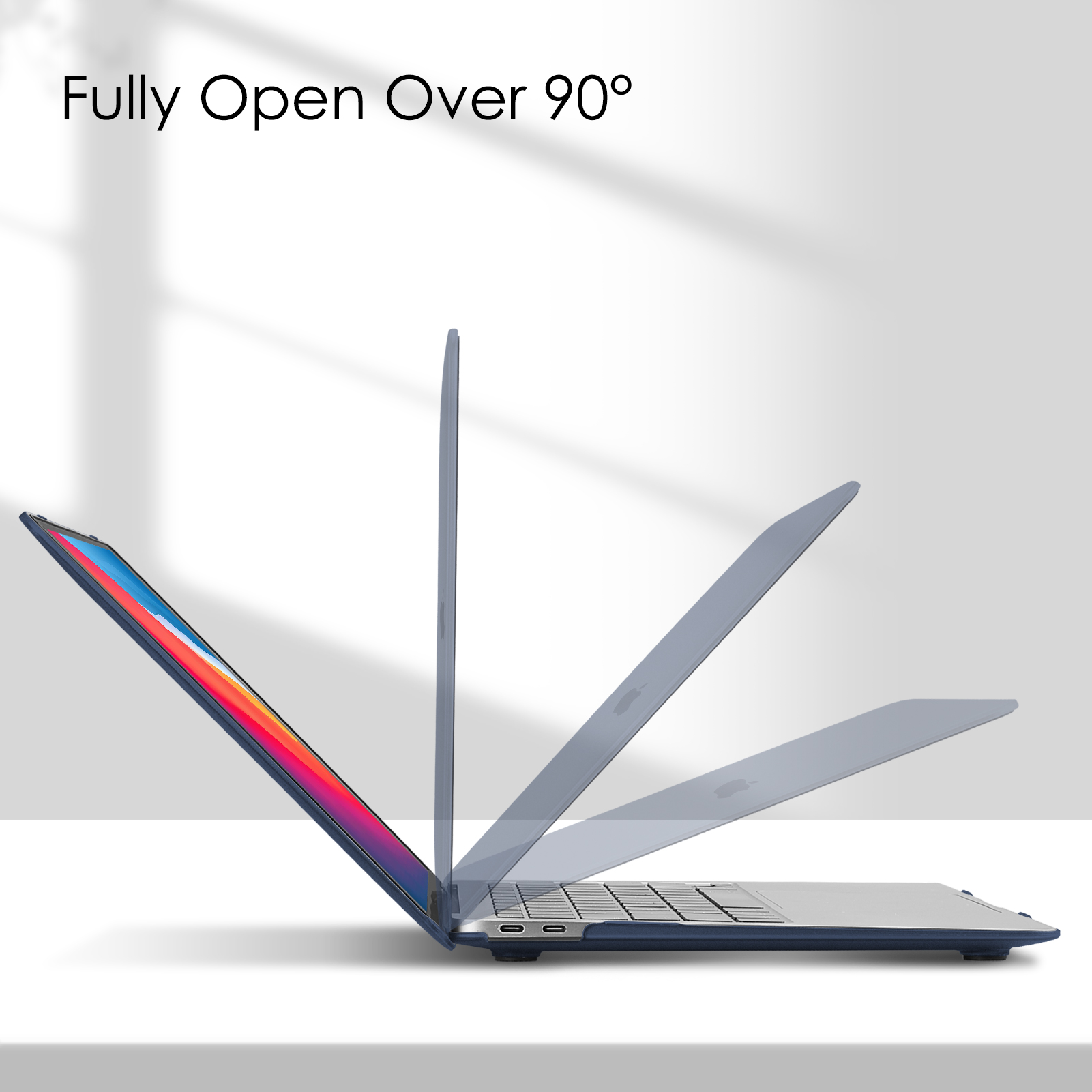Laptop mit blauem Gehäuse in verschiedenen Winkeln. Über 90 Grad geöffnet.