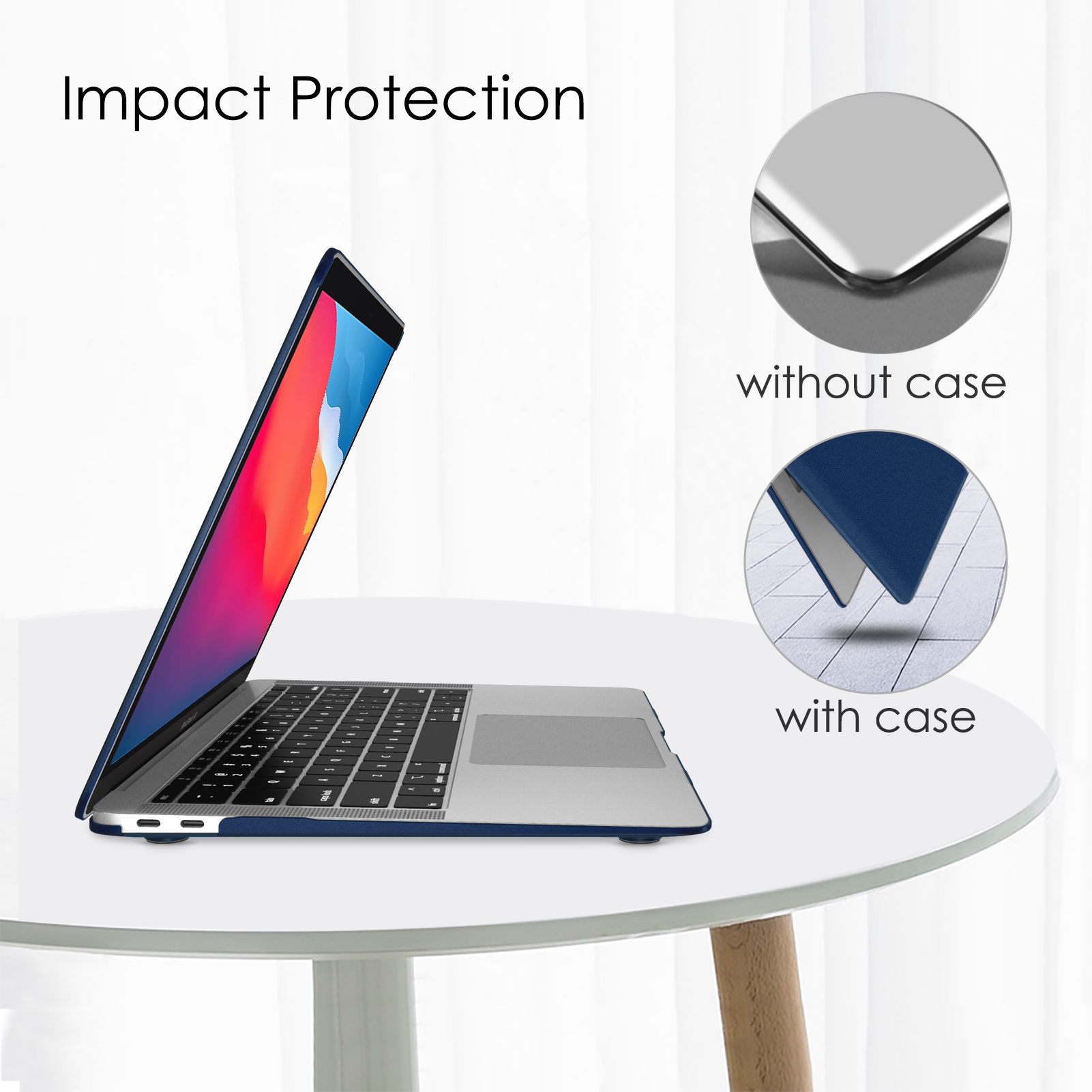 Laptop in blauem Gehäuse, geöffnet auf einem Tisch. Vergleich: ohne Gehäuse & mit Gehäuse.