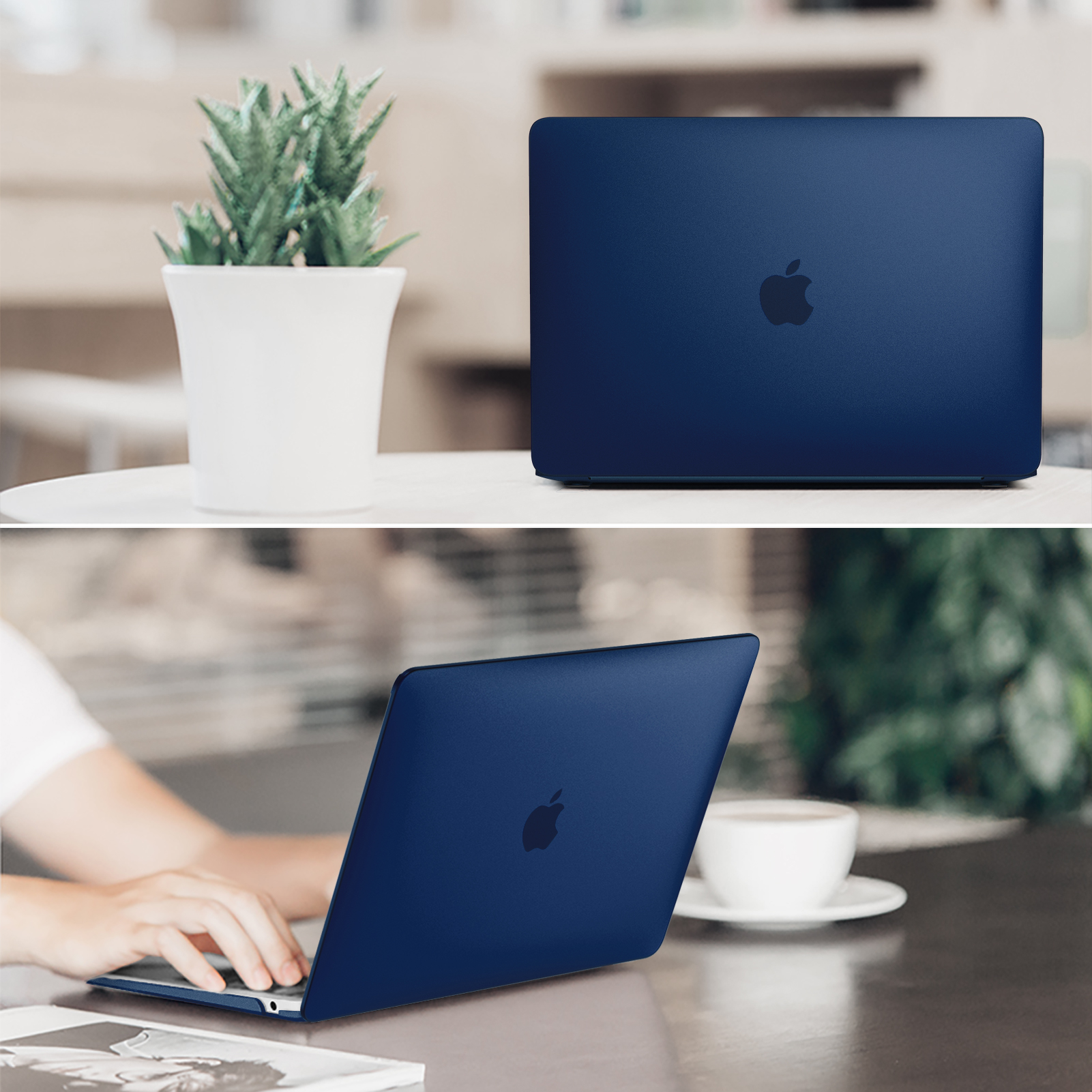 Ein blauer Laptop liegt auf einem Tisch. Eine Pflanze und eine weiße Tasse sind ebenfalls vorhanden.
