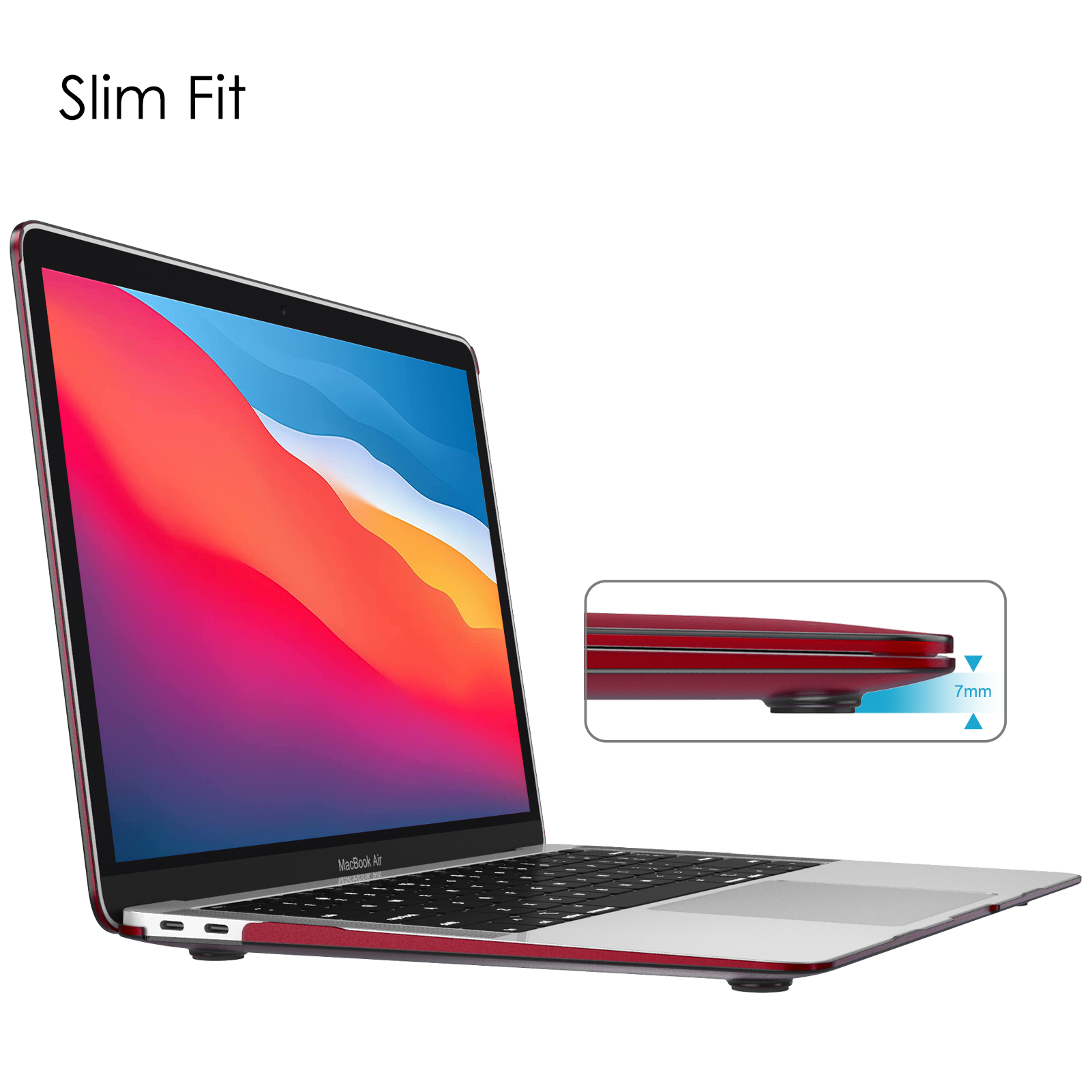 Ein Laptop in einer roten Hülle. Ein Diagramm, das die Dicke der Hülle zeigt, befindet sich rechts.