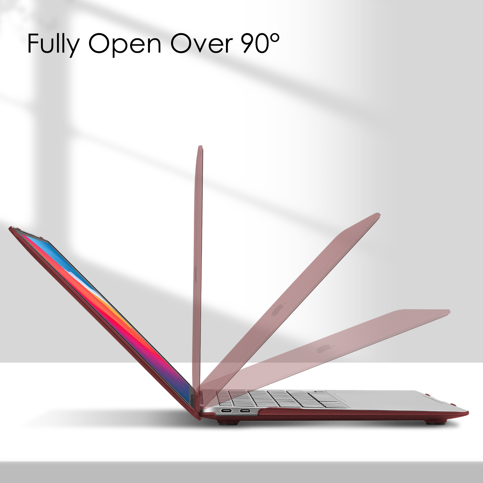 Ein Laptop in einer Schutzhülle wird in mehreren geöffneten Positionen über 90 Grad angezeigt.
