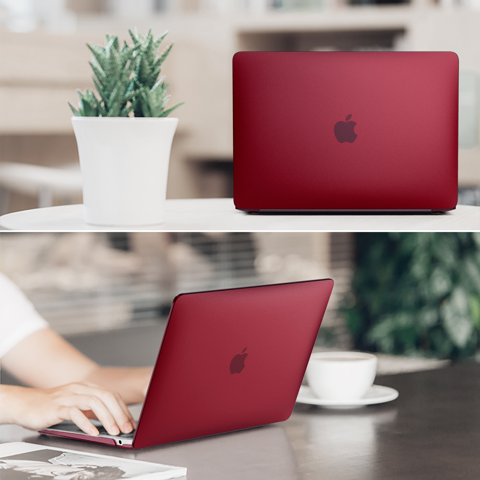 Roter Laptop auf einem Tisch und eine Person, die einen roten Laptop benutzt. Weißer Topf und eine Tasse auf dem Tisch.