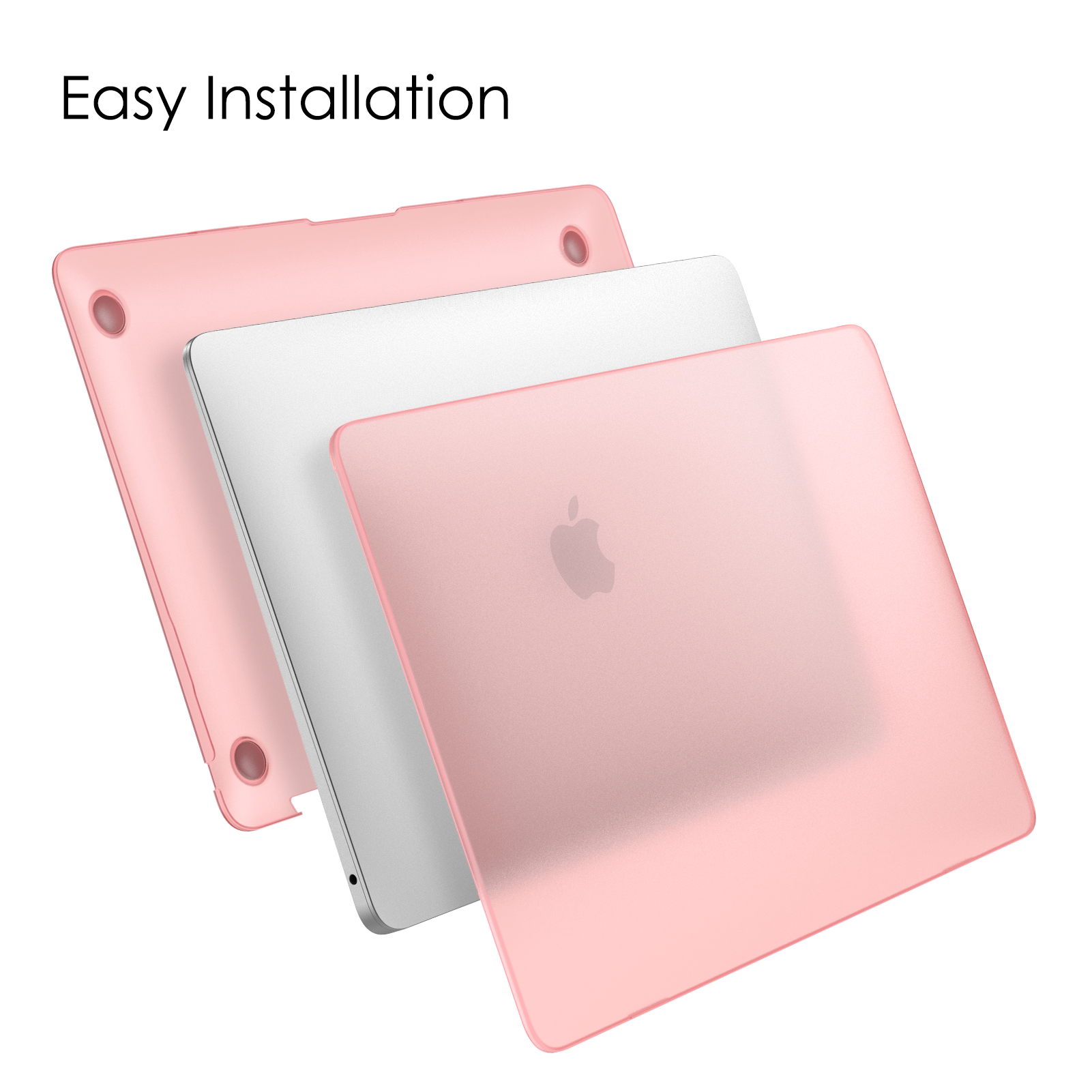 Rosa Laptop-Hüllen, eine teilweise auf einem Laptop, zeigen eine einfache Installation. Weißer Hintergrund.