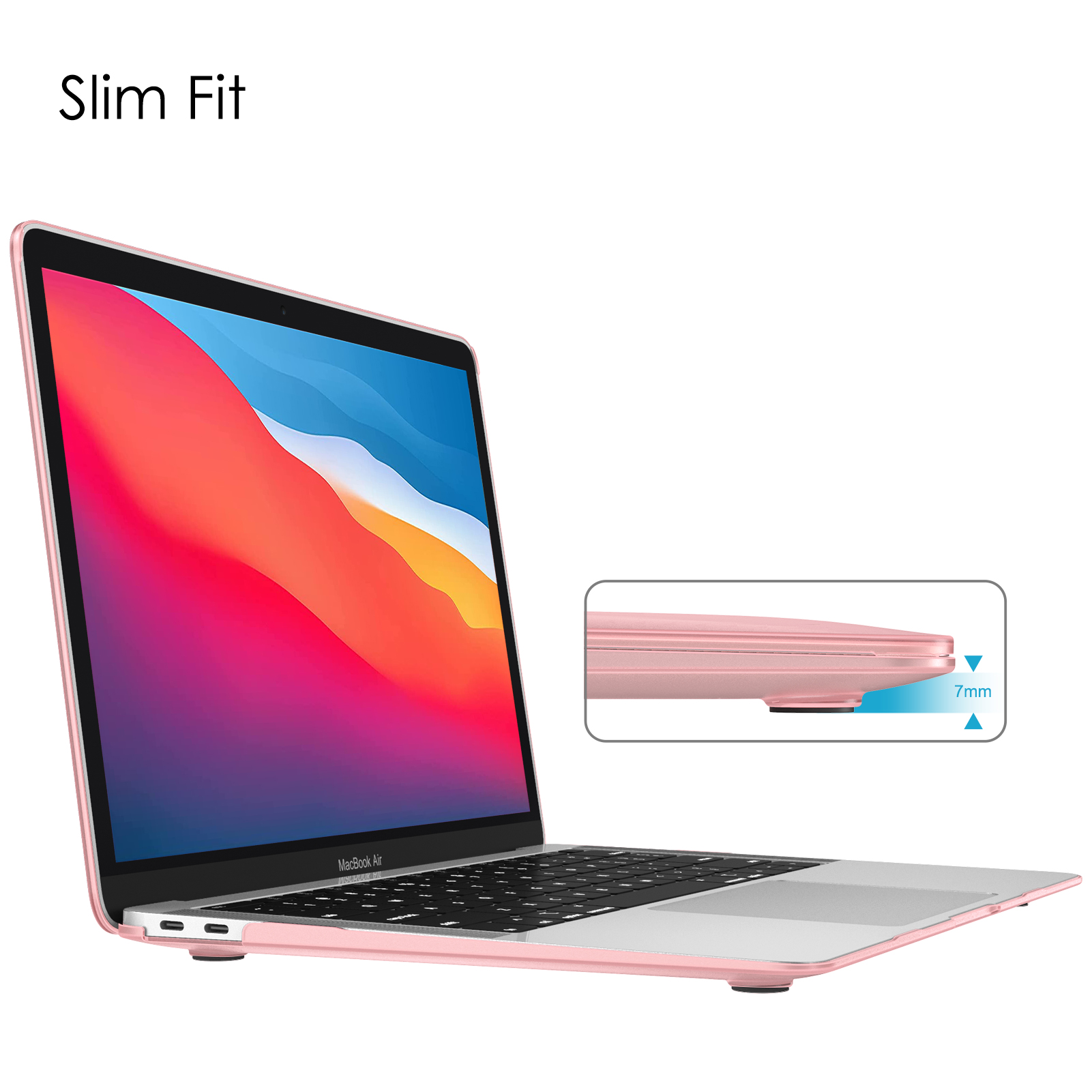 Rosa Laptop in einem Gehäuse. Das Laptop ist geöffnet und zeigt einen bunten Bildschirm.