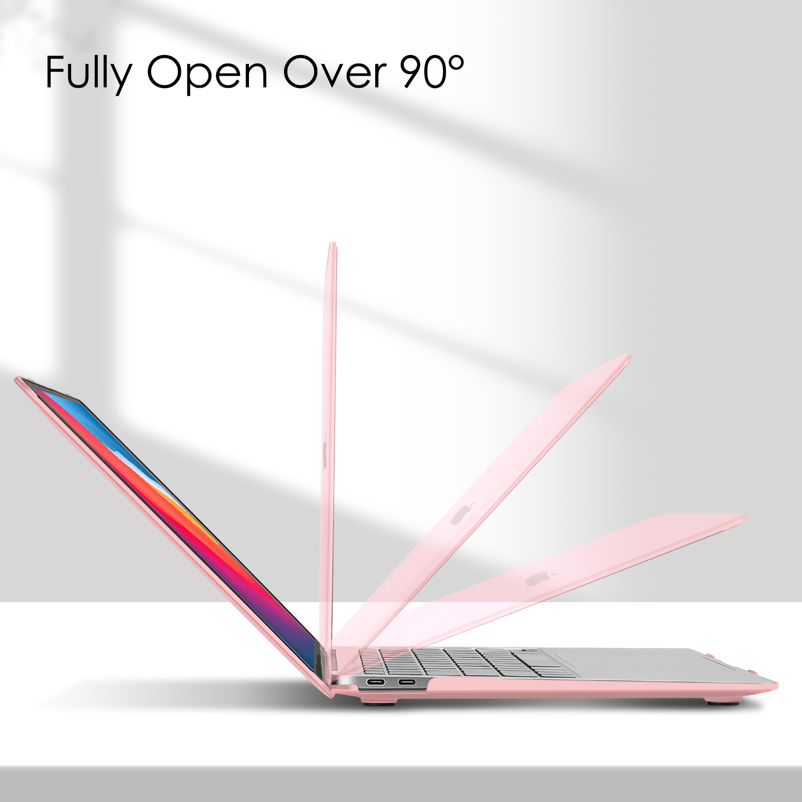 Rosa Laptop in verschiedenen geöffneten Positionen auf weißem Untergrund, über 90 Grad geöffnet.