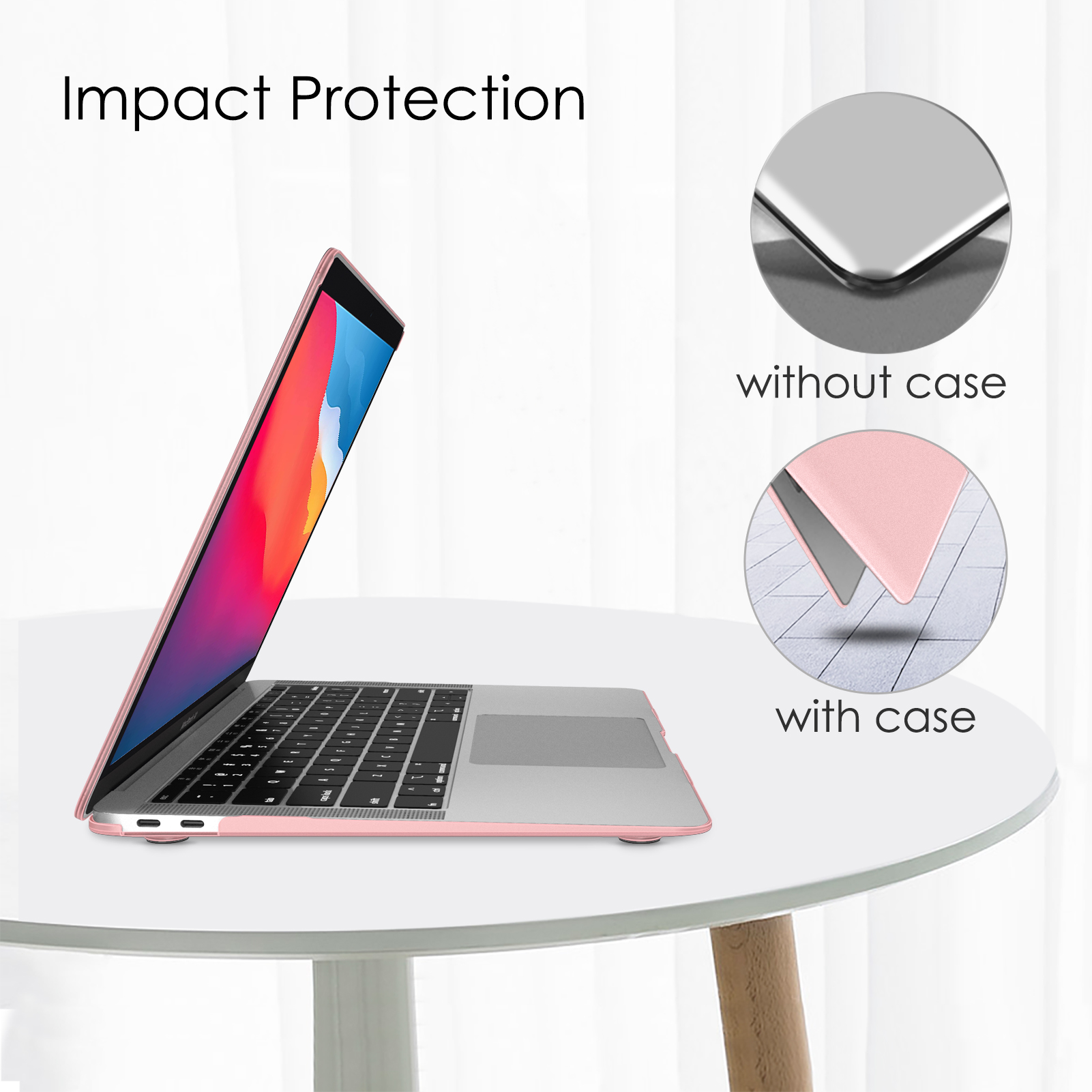 Ein rosa Laptop in einem Case auf einem weißen Tisch. Ein Diagramm zeigt den Schutz des Cases.