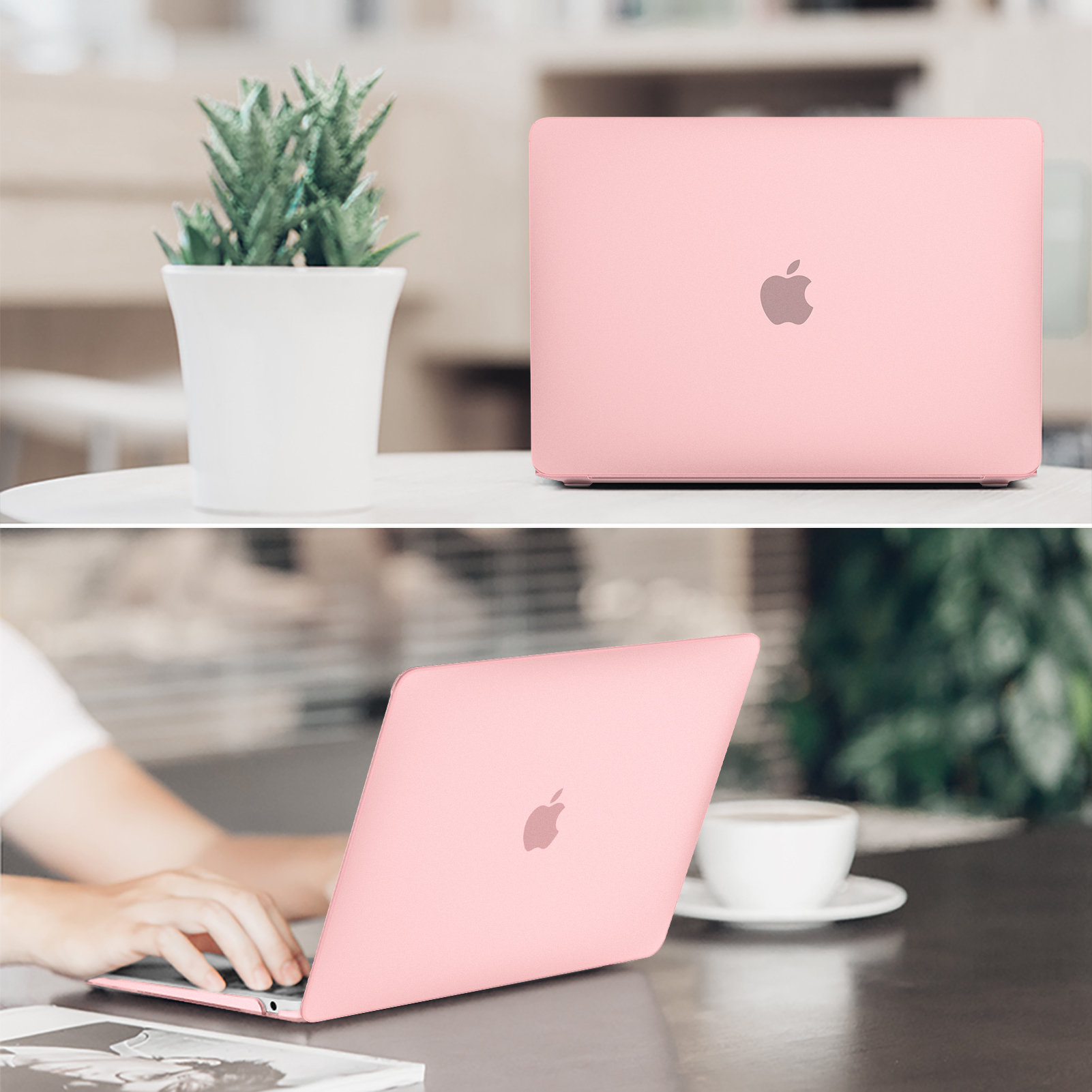 Rosa Laptop in einem rosa Gehäuse. Ein Foto ist auf einem Tisch, das andere auf dem Schoß einer Person.