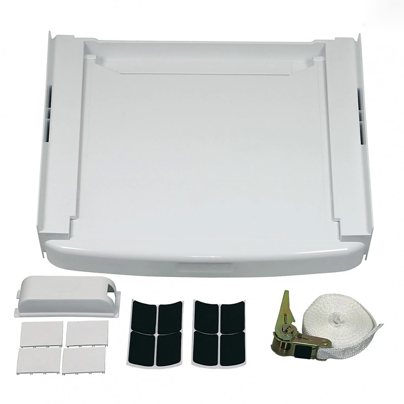 Een wit apparaatcomponent met verschillende accessoires. Er zijn witte panelen, zwarte pads en een riem.