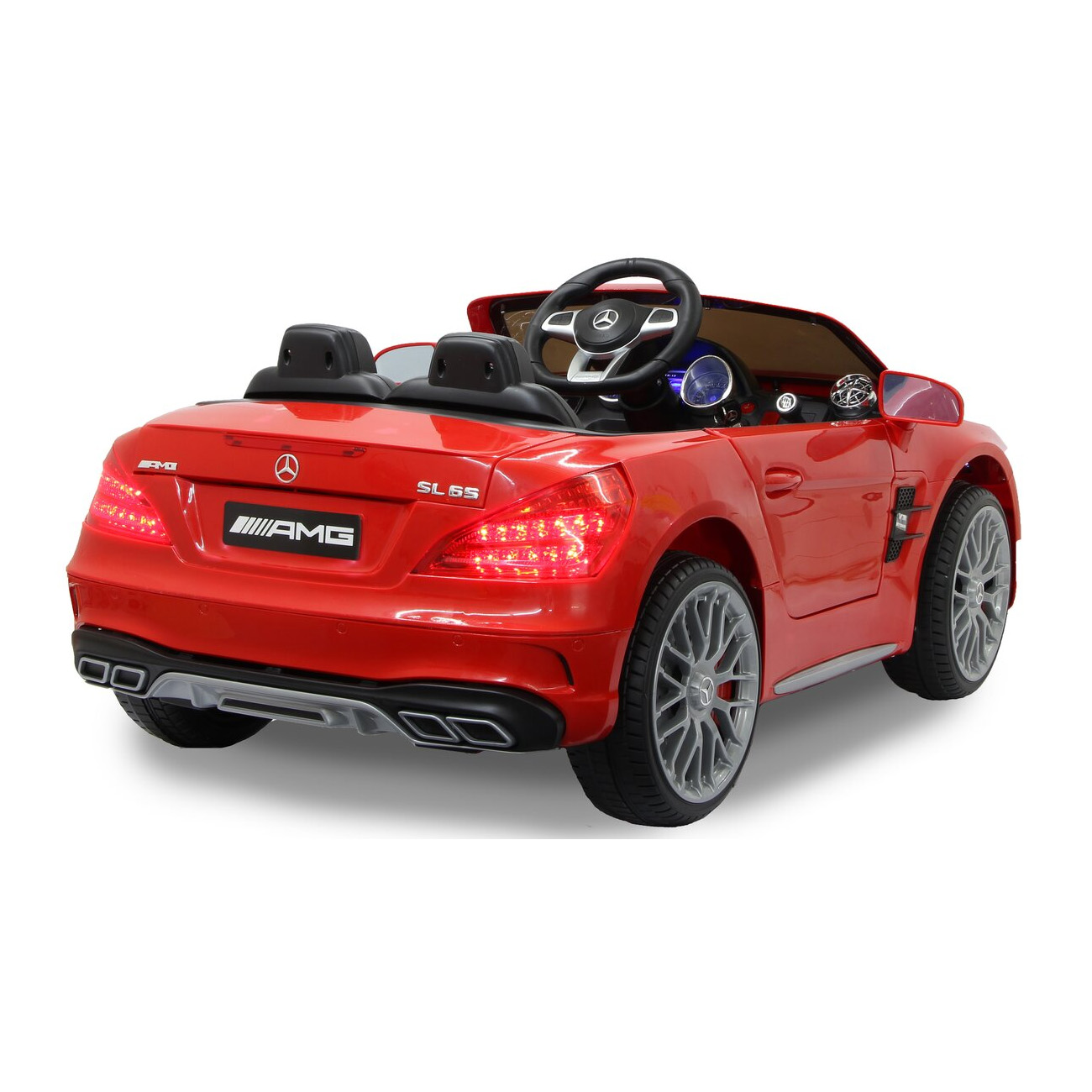 Rotes Spielzeugauto auf weißem Grund. AMG SL 65 Modell. Rückansicht.