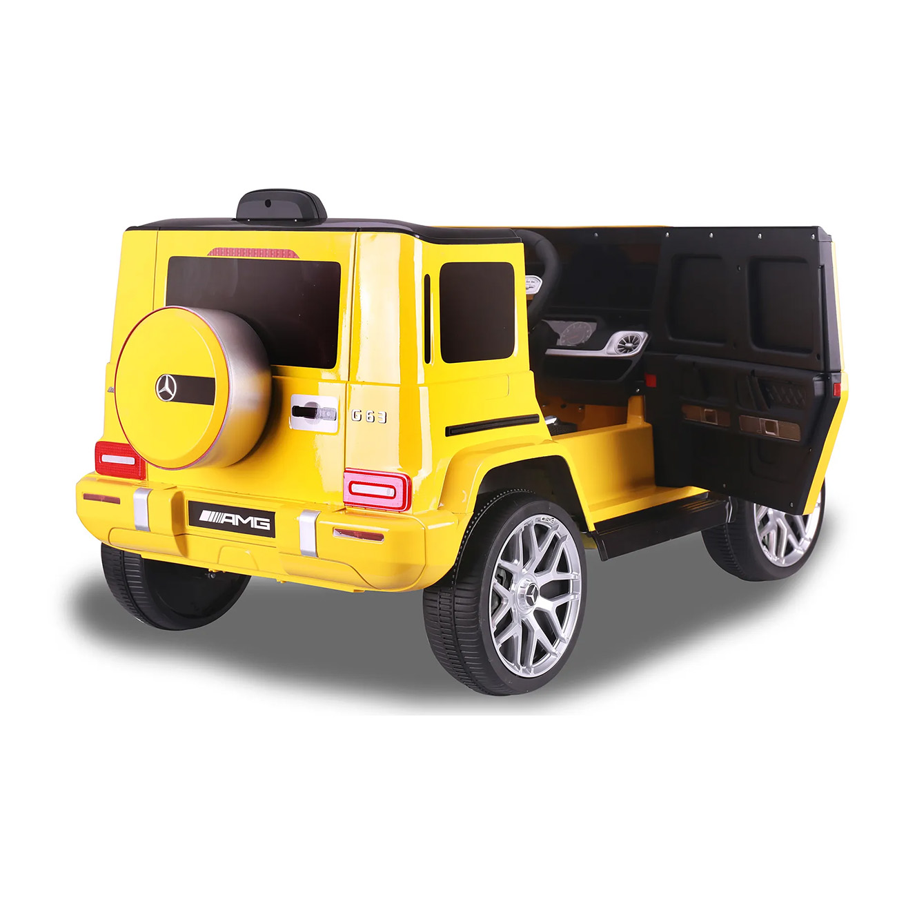 Gelbes Spielzeug-SUV-Auto, Rückansicht, Türen offen. Hinten AMG-Logo und Ersatzreifen.