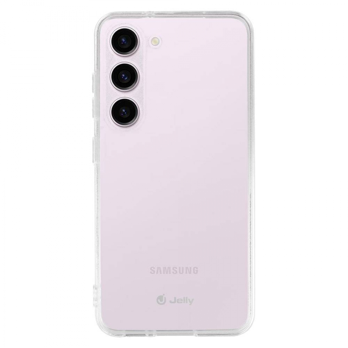 Ein pinkfarbenes Samsung-Telefon mit drei Kameras und einer durchsichtigen Hülle.