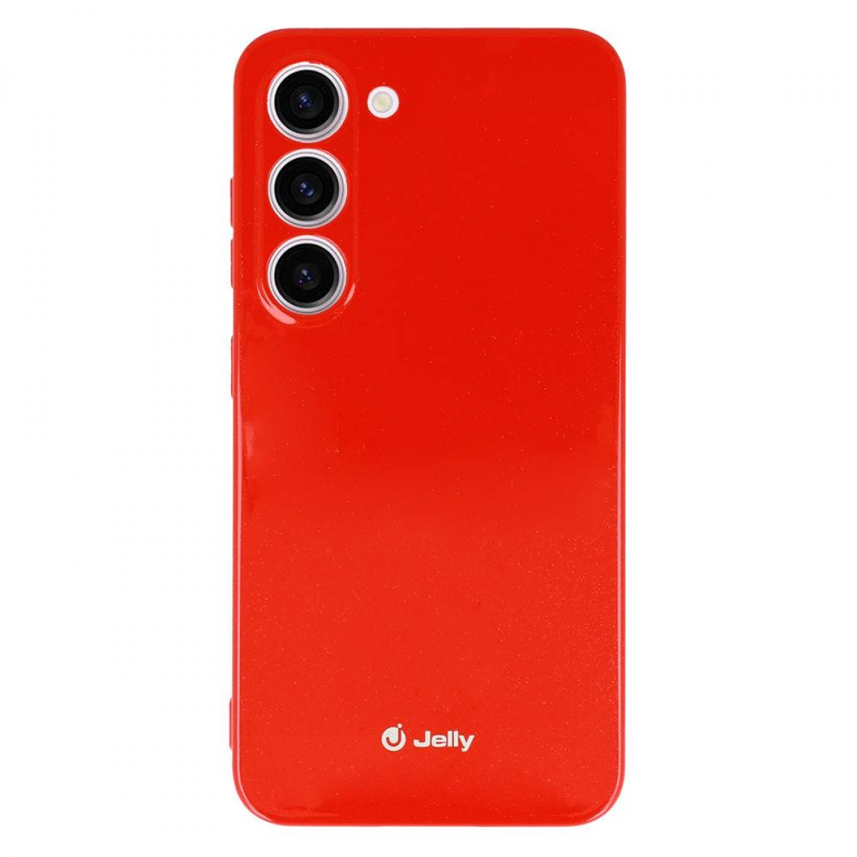 Eine rote Smartphone-Hülle mit drei Kameralinsen. Die Marke Jelly ist sichtbar.