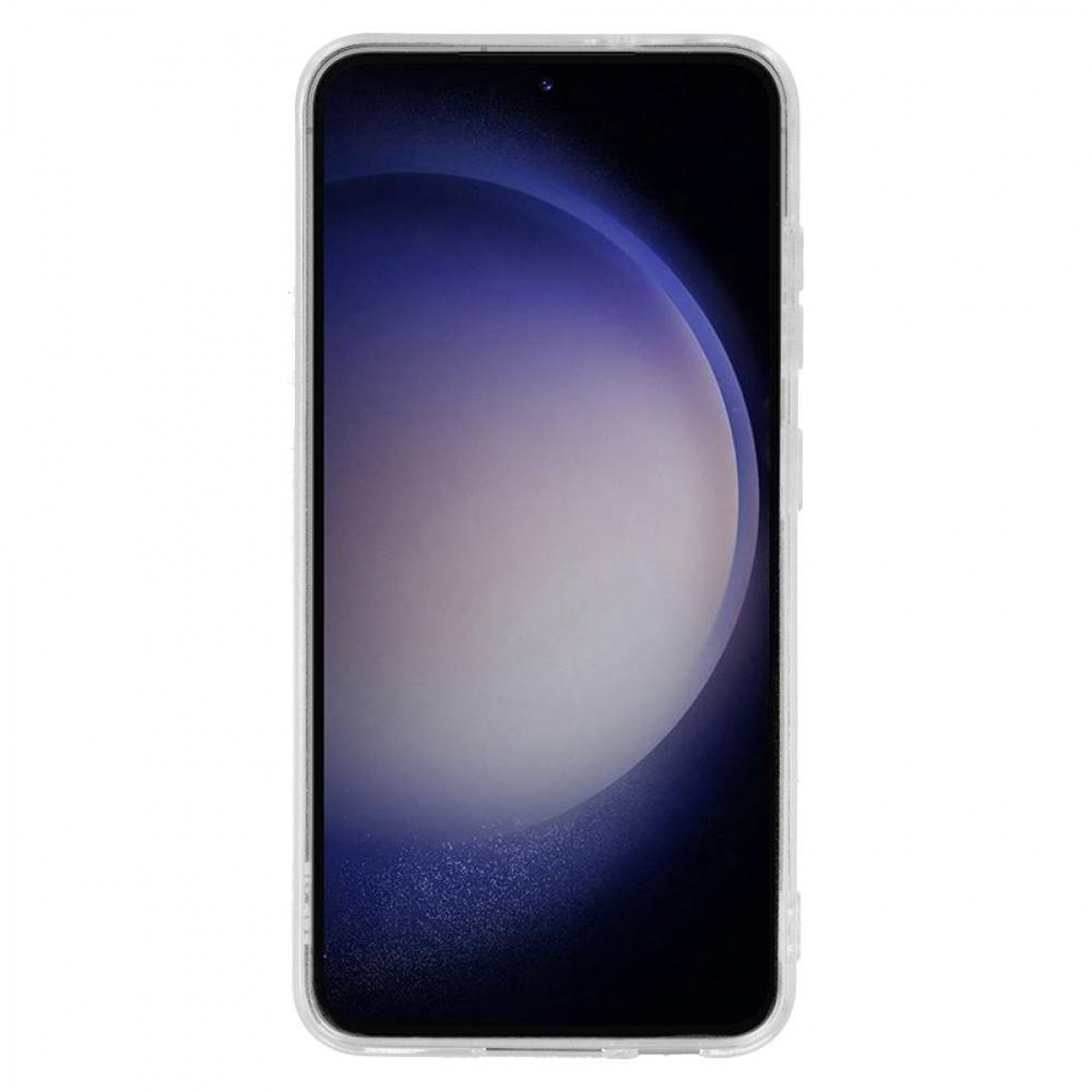 Smartphone in einer transparenten Hülle. Das Telefon ist schwarz mit kreisförmigem Kamera-Array und Display.