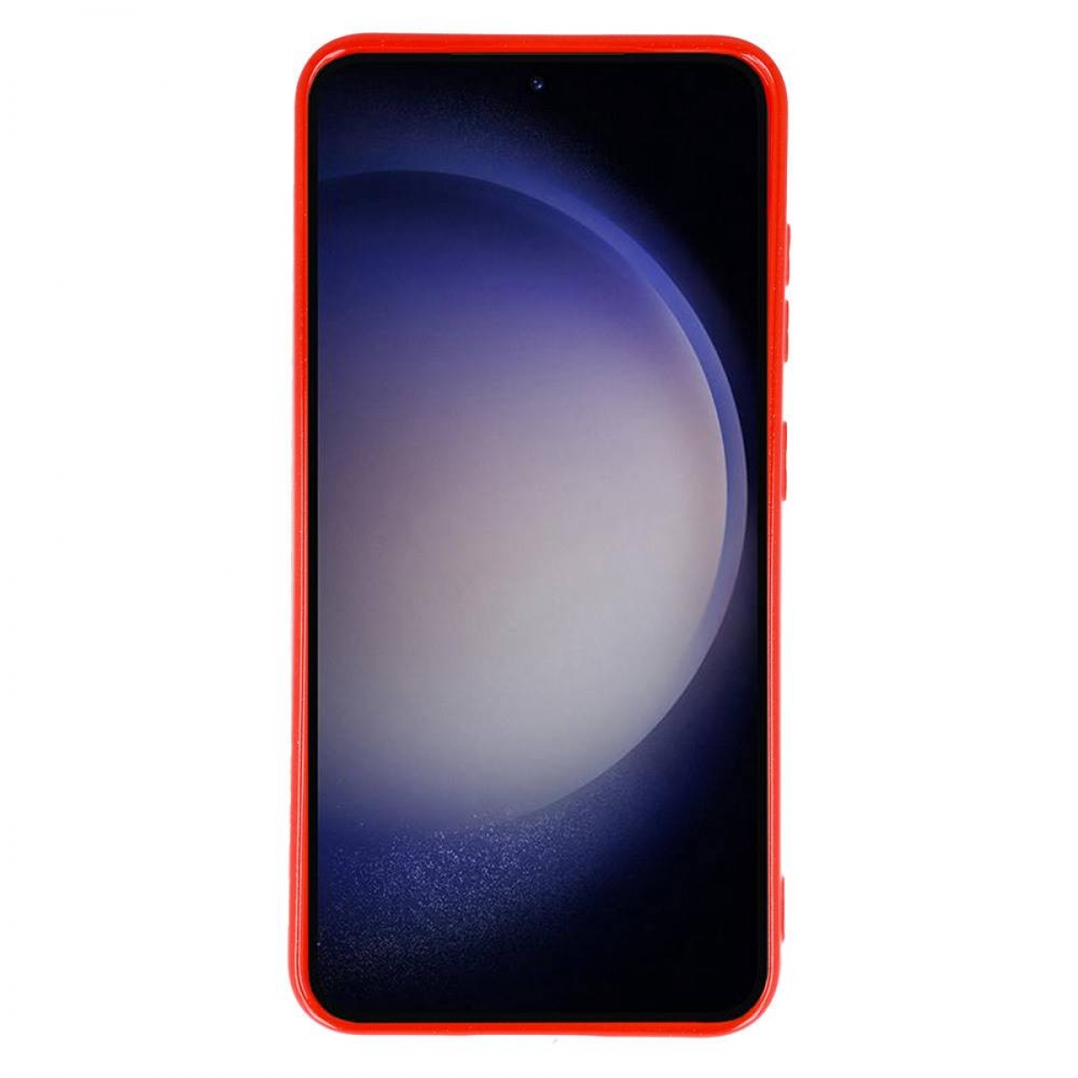 Rot gerahmtes Smartphone mit lila Bildschirm auf weißem Hintergrund.