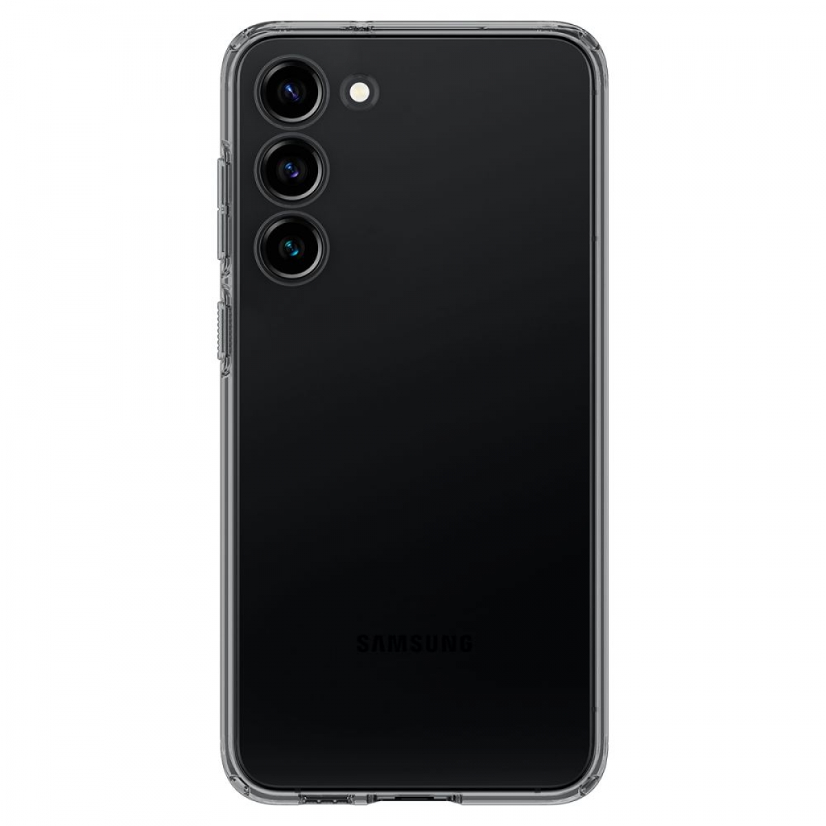 Schwarzes Samsung-Telefon mit drei Kameralinsen. Transparente Hülle.