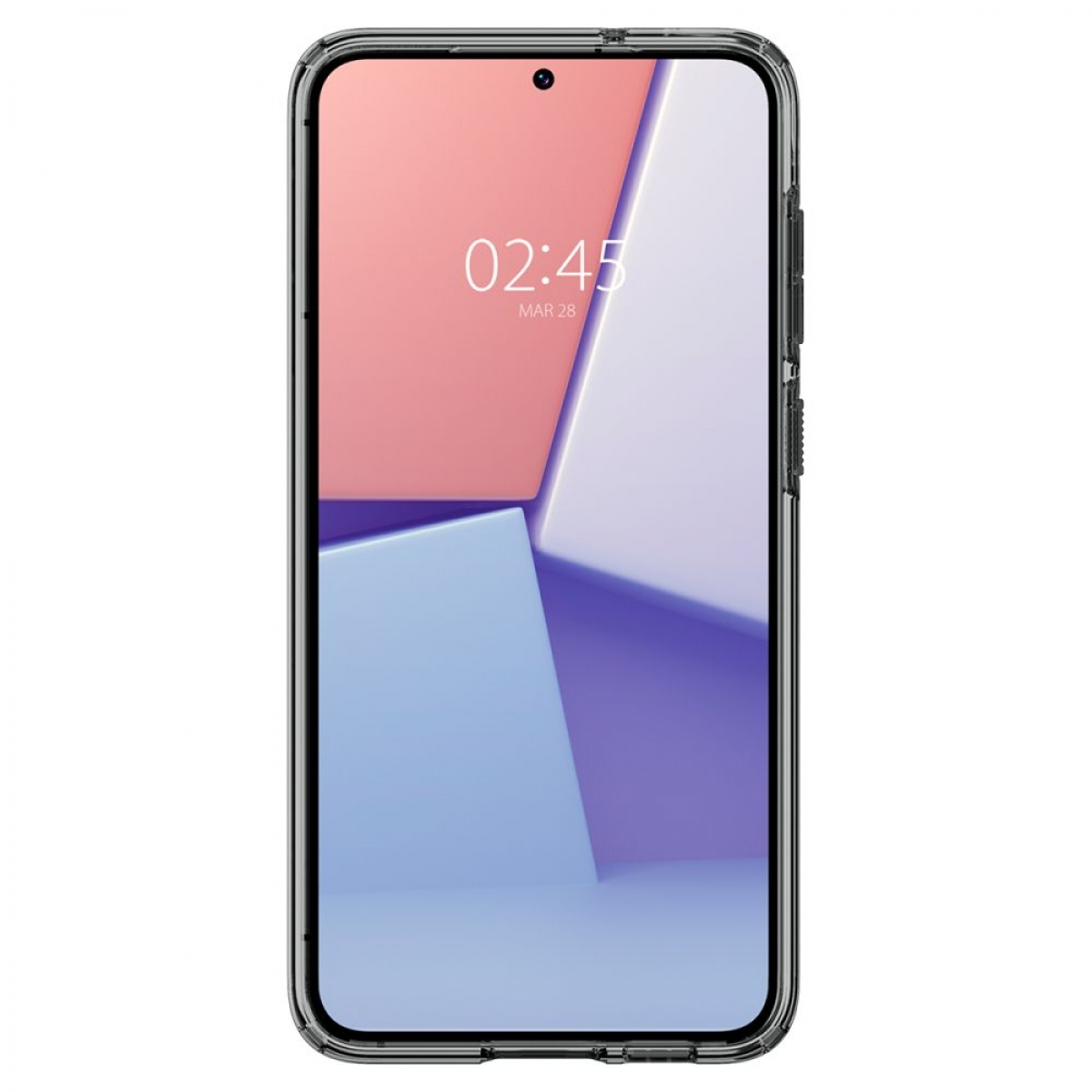 Smartphone mit transparenter Hülle. Bildschirm zeigt Digitaluhr 02:45 und stilisierten abstrakten Hintergrund.