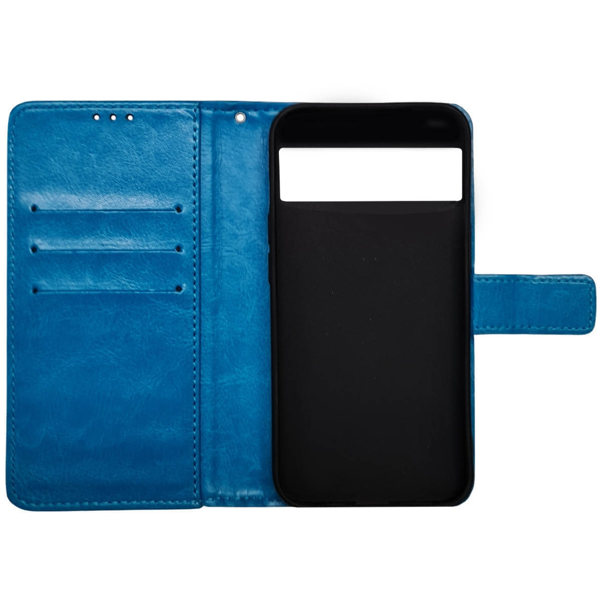 Blaue Handyhülle im Lederstil, offen, zeigt einen schwarzen Handyhalter.