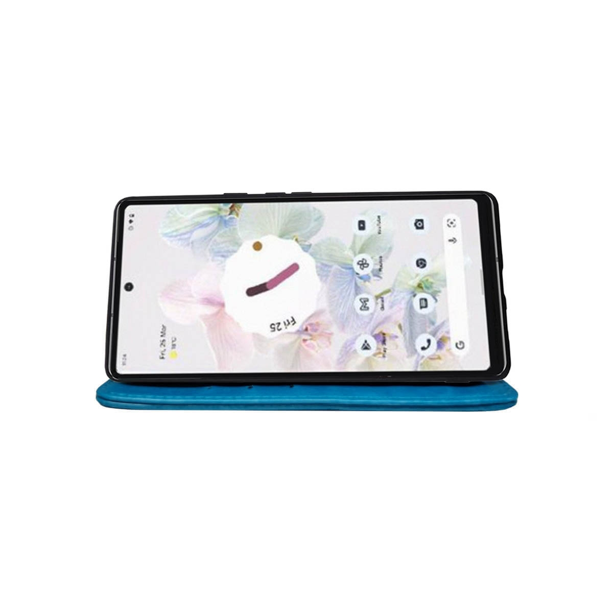 Mobiltelefon mit Kalenderanzeige auf dem Bildschirm, in einem blauen Case, auf weißem Untergrund.