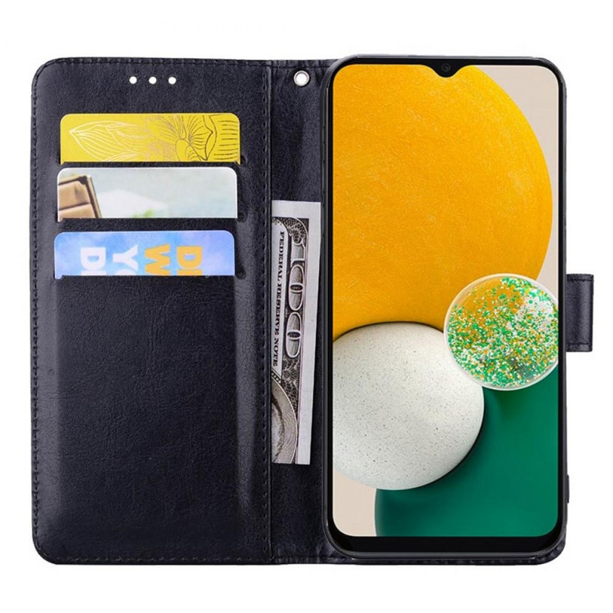 Schwarze Handyhülle, offen, mit Kartenfächern, Geld und einem sichtbaren Telefonbildschirm.