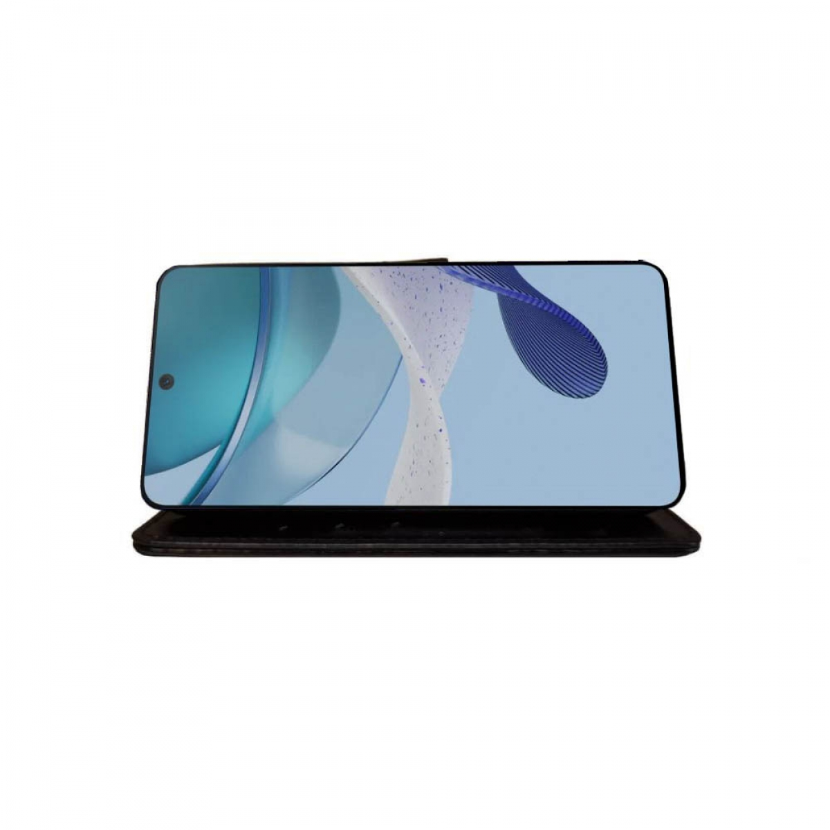 Telefon in einer Hülle, nach oben geneigt. Der Bildschirm zeigt ein blaues und weißes Design auf blauem Hintergrund.