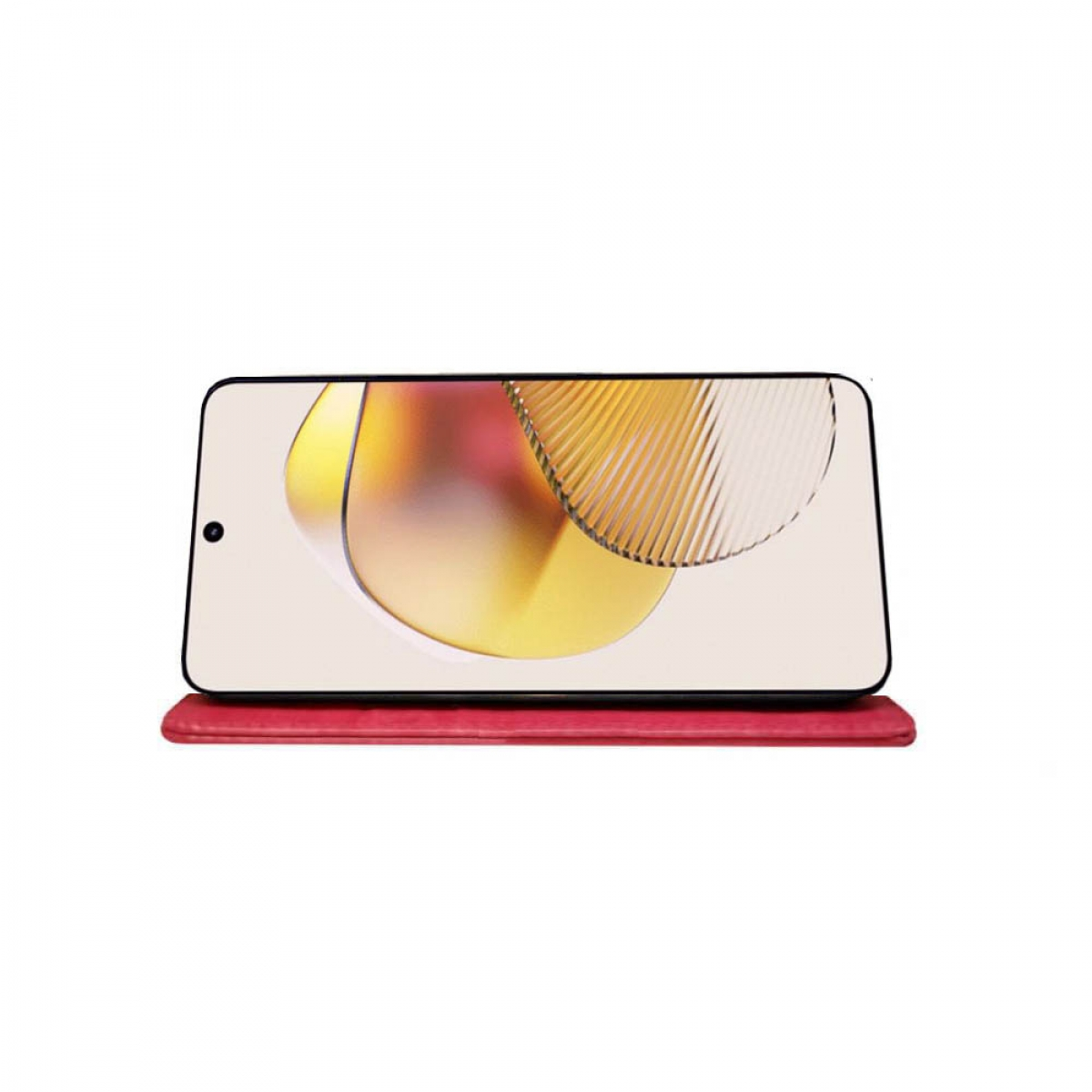 Smartphone auf rotem Ständer. Der Bildschirm zeigt farbenfrohes Design. Weißer Hintergrund.