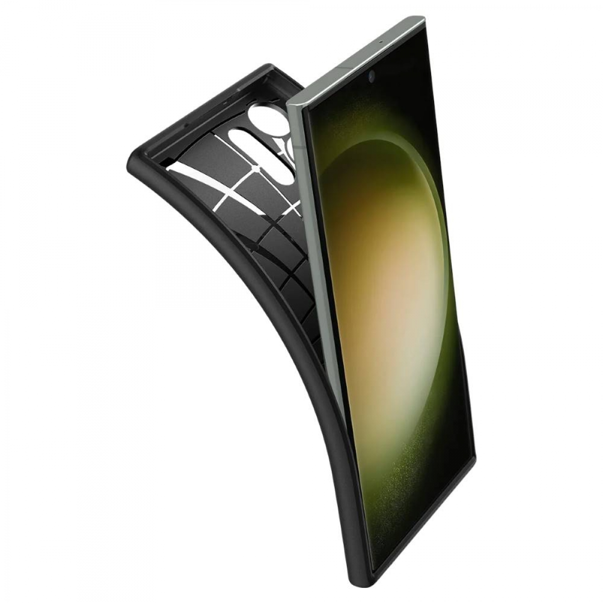 Ein Telefon wird in eine schwarze Schutzhülle eingesetzt. Das Telefon ist goldfarben.