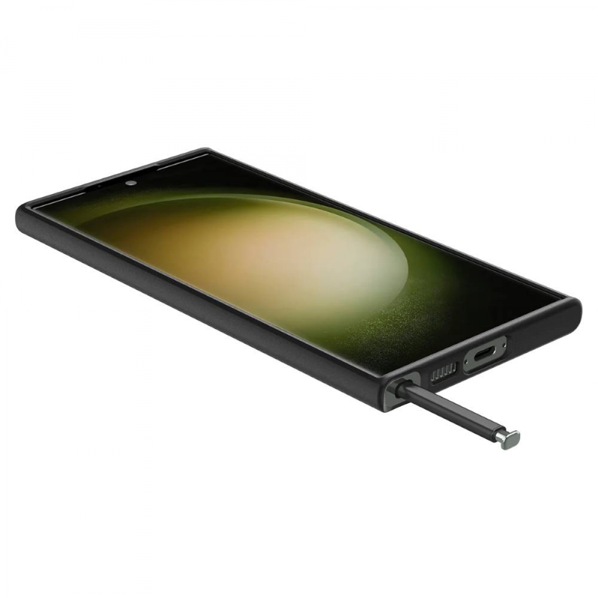 Ein schwarzes Telefon mit eingelegtem Stift. Das Telefon liegt. Der Bildschirm ist hellrosa.