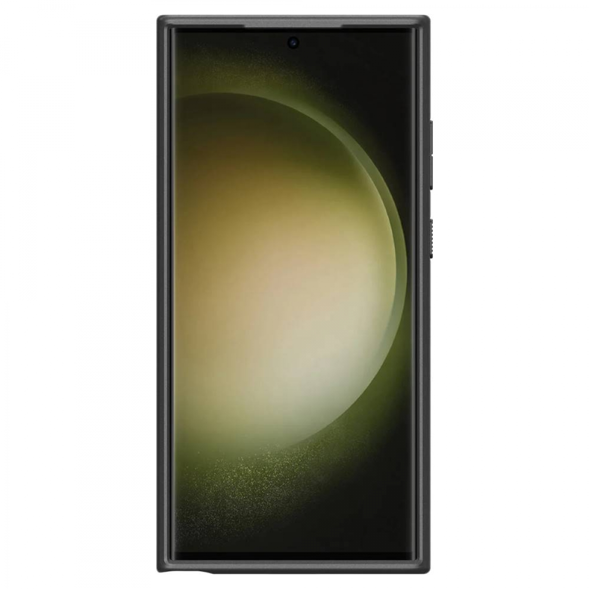 Schwarzes Smartphone, rechteckig mit Bildschirm und Seitentasten. Der Hintergrund ist weiß.