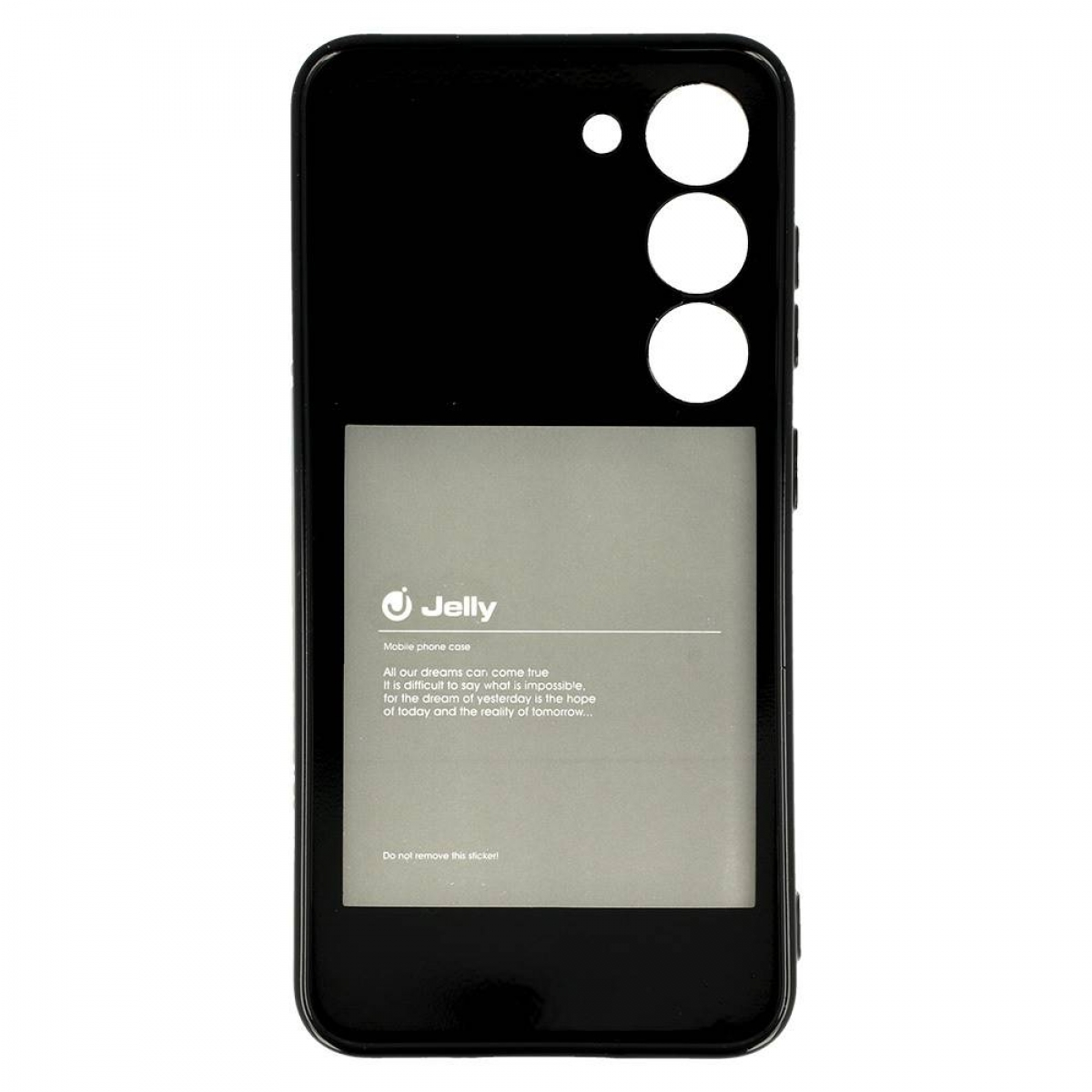 Schwarze Handyhülle mit grauem Aufkleber. Text enthält 'Jelly' und Produktinformationen.