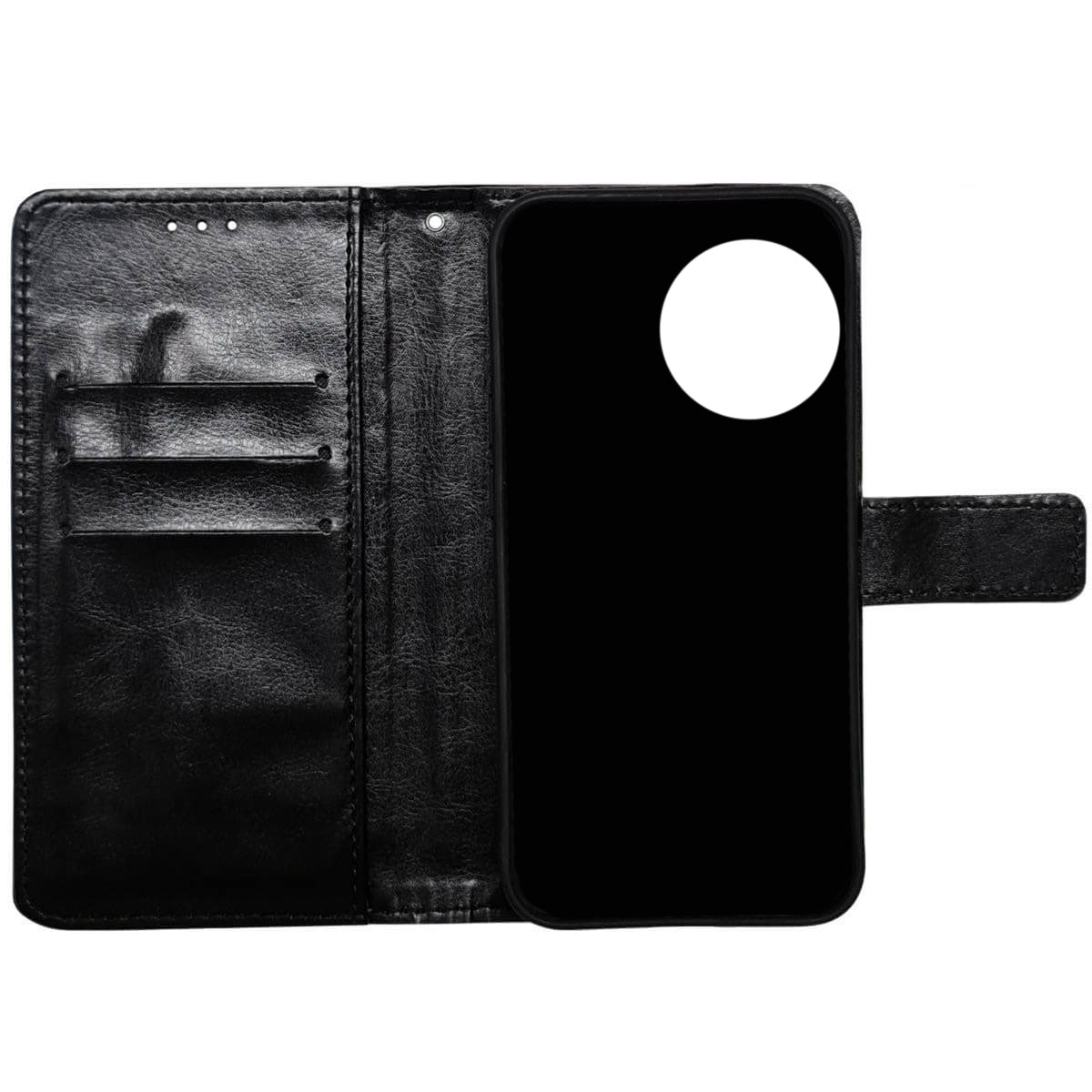 Eine schwarze Handyhülle, geöffnet. Das Telefon ist innen, mit einem weißen Kreis für die Kamera.
