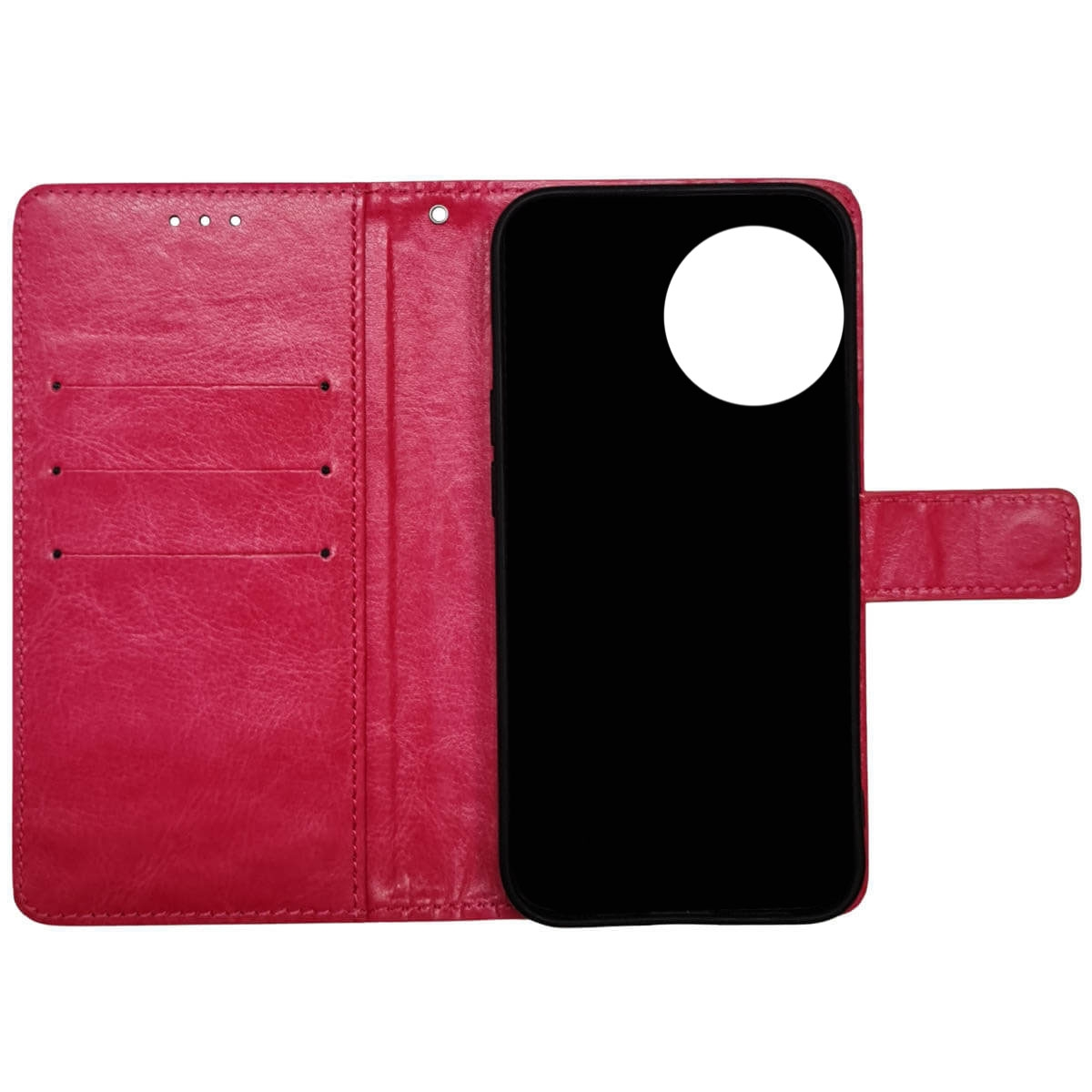 Eine pinkfarbene Handyhülle, offen, mit Innenansicht, Schlitzen und dem Telefon.