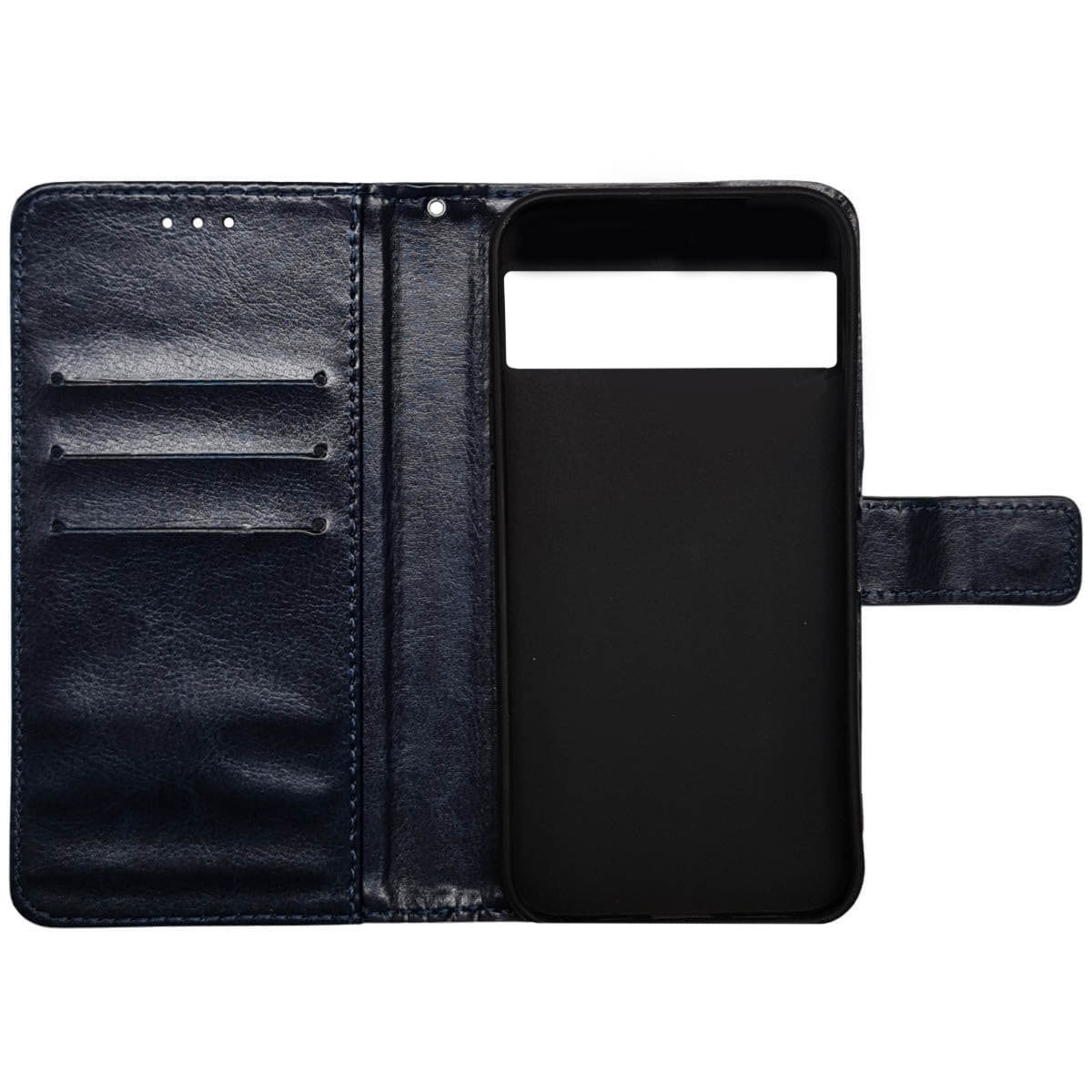 Offene blaue Leder-Handyhülle. Innenraum hat Kartenfächer und einen schwarzen Telefonhalter.