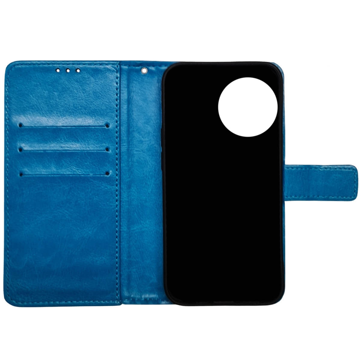 Eine blaue Leder-Tablet-Hülle, geöffnet, zeigt einen schwarzen Innenraum zur Aufnahme eines Telefons.