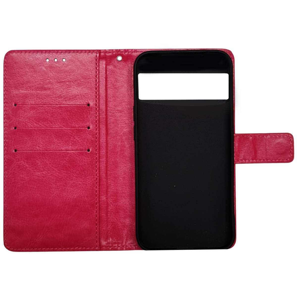 Eine rote Leder-Tablet-Hülle, geöffnet, zeigt einen schwarzen Innenraum zur Aufnahme eines Telefons.