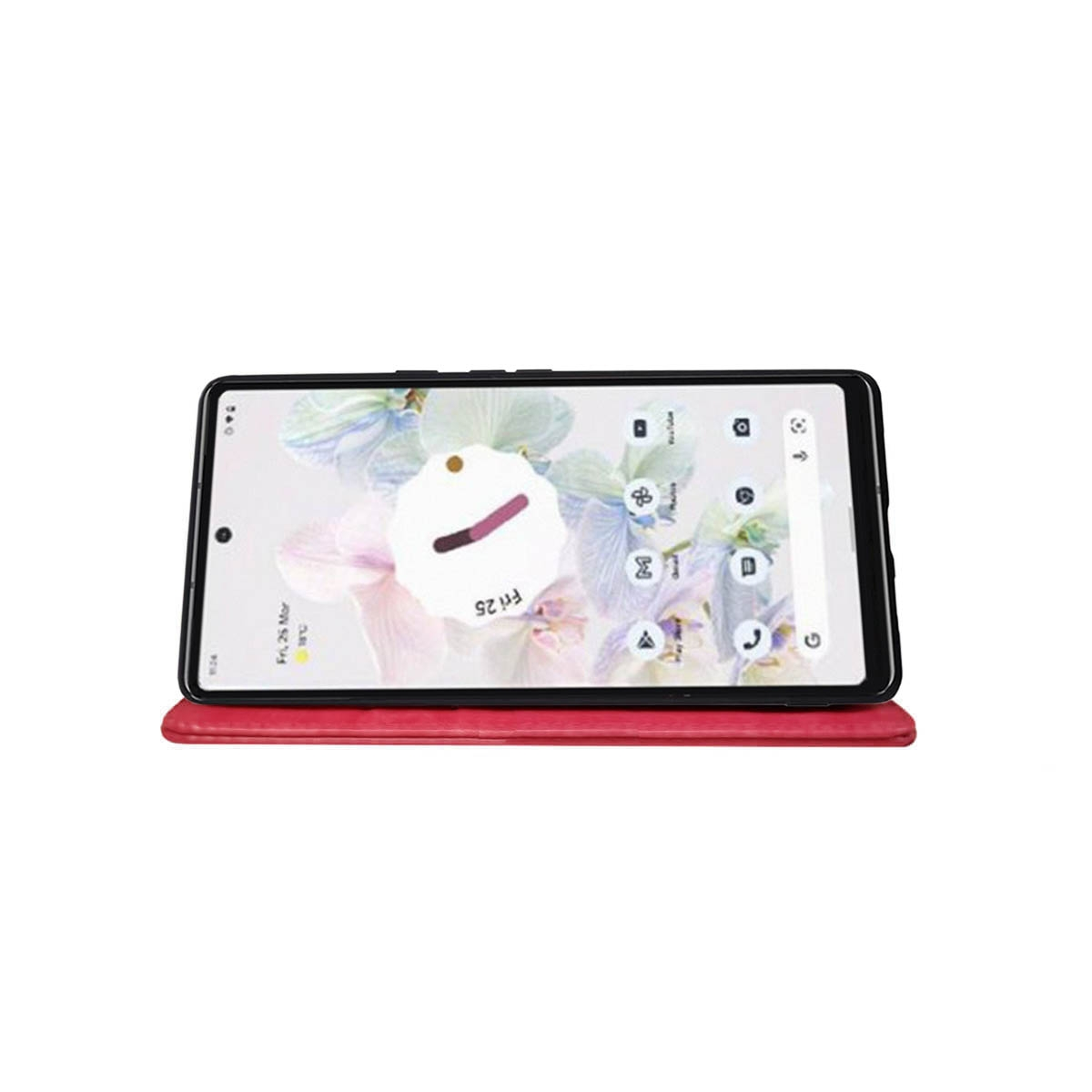 Ein Smartphone auf einem rosa Ständer, das eine farbenfrohe Blumentapete zeigt.