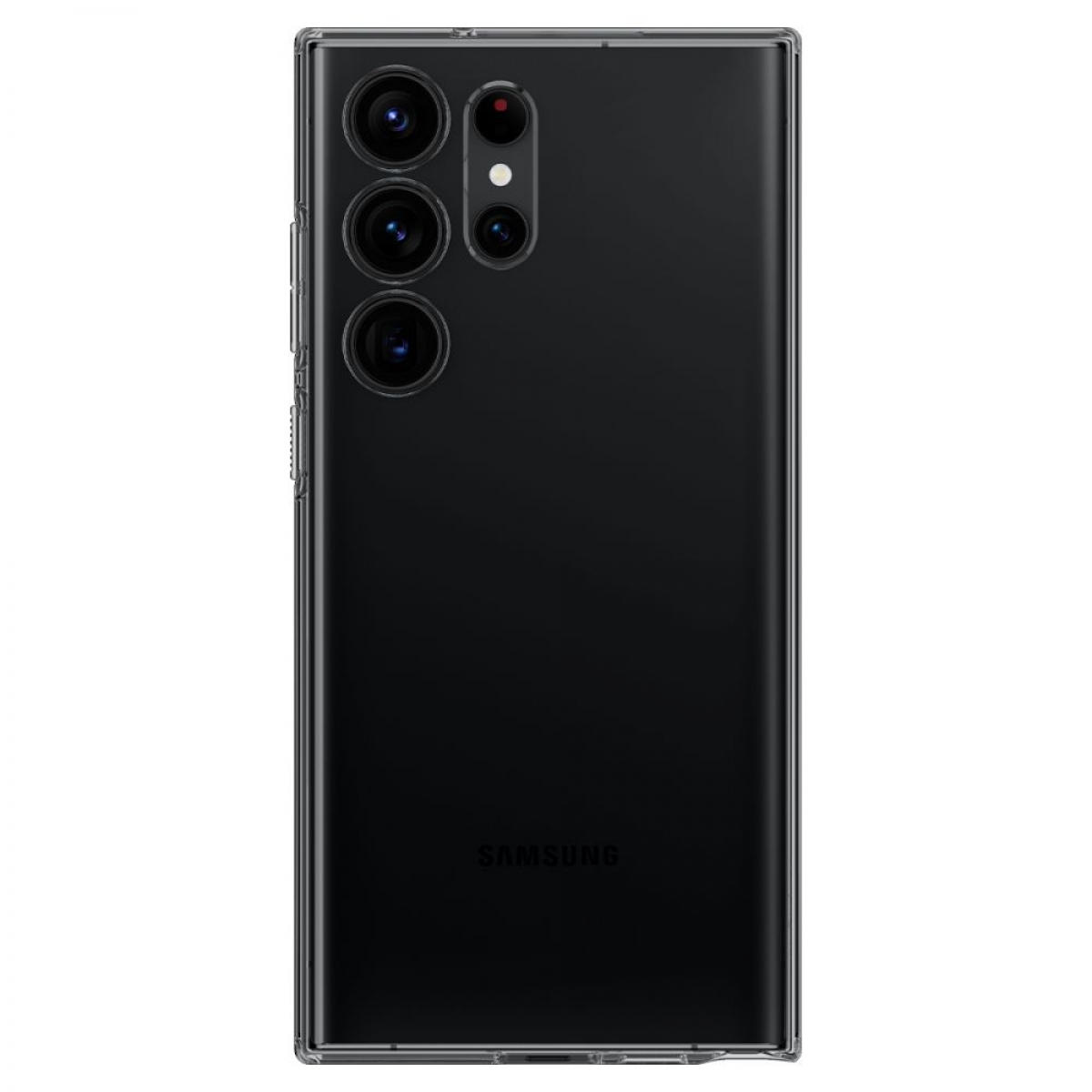Schwarzes Telefon, Rückansicht. Das Telefon hat mehrere Kameras und eine schwarze Oberfläche. Samsung-Logo sichtbar.