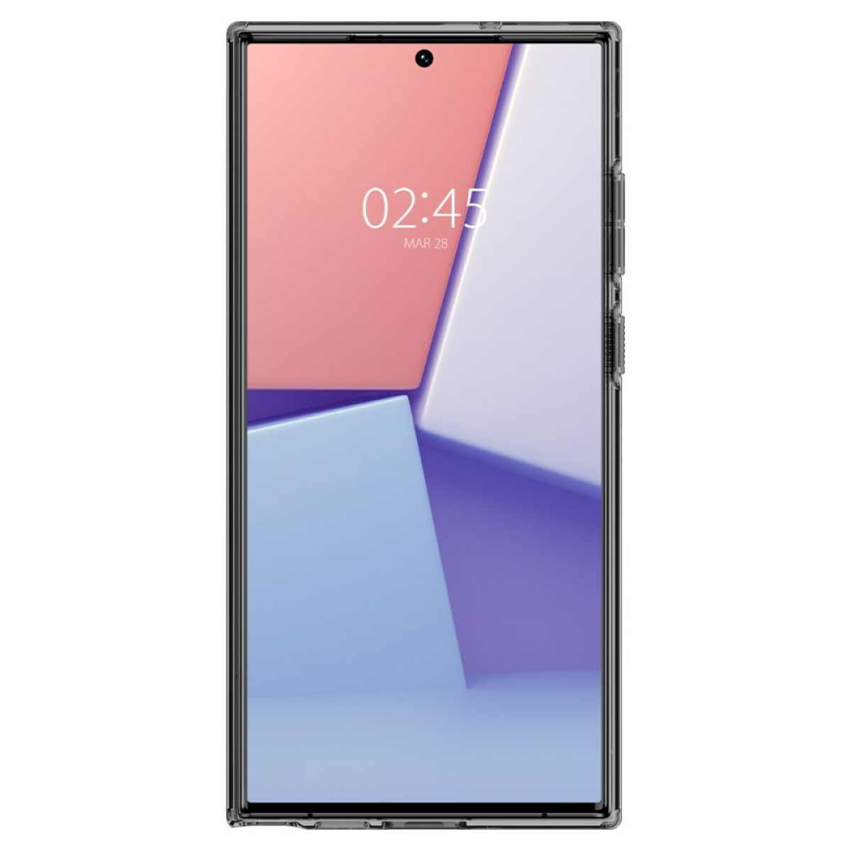 Smartphone mit transparentem Gehäuse, zeigt den Bildschirm mit farbenfrohem, abstraktem Design.