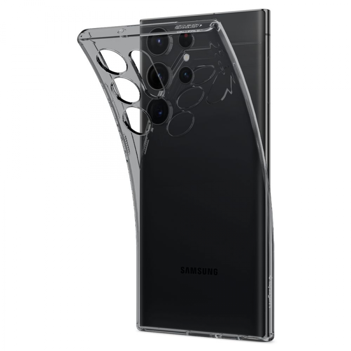 Transparente Handyhülle wird auf ein schwarzes Telefon gelegt. Weißer Hintergrund.