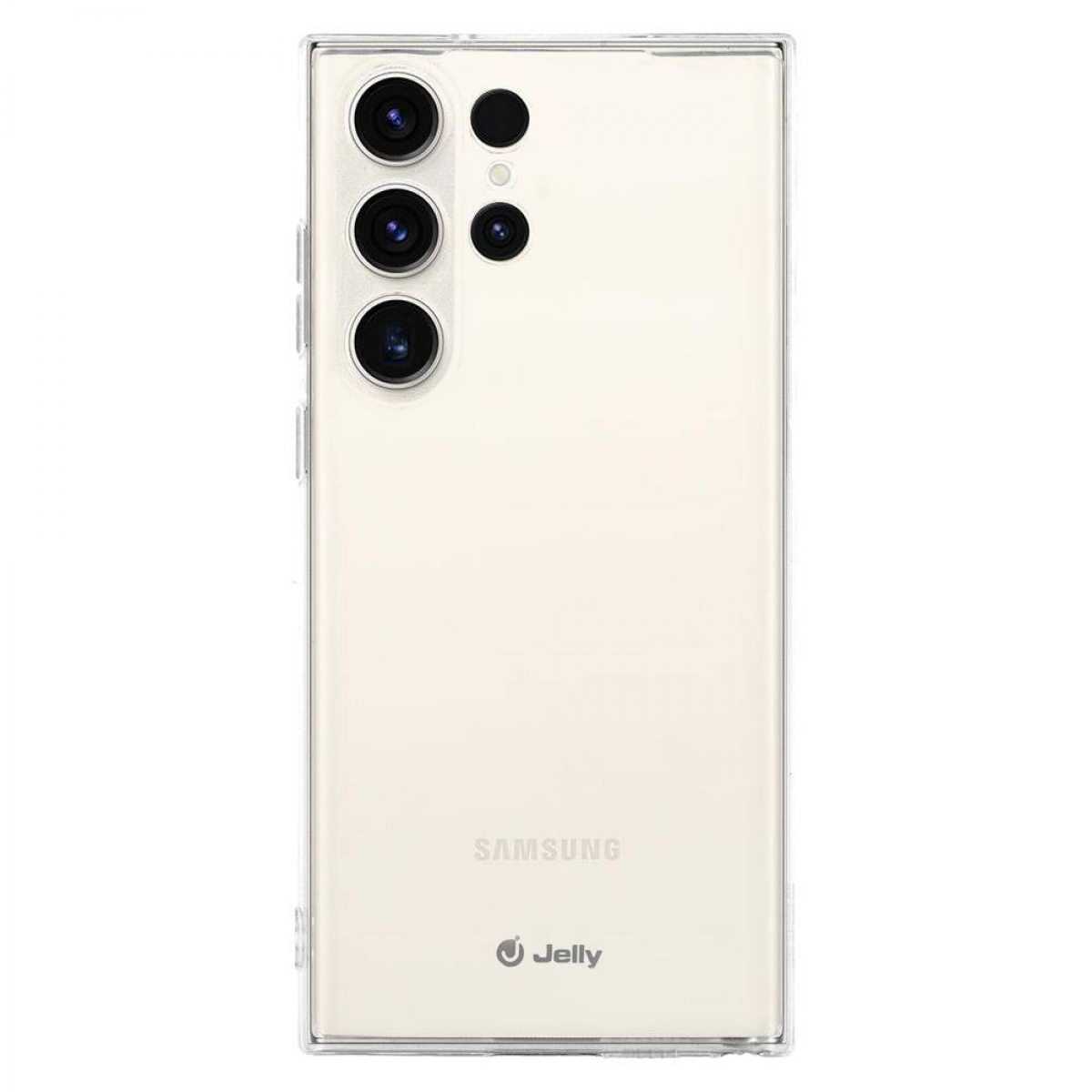 Rückseite eines weißen Samsung-Telefons mit mehreren Kameras und einer transparenten Schutzhülle.