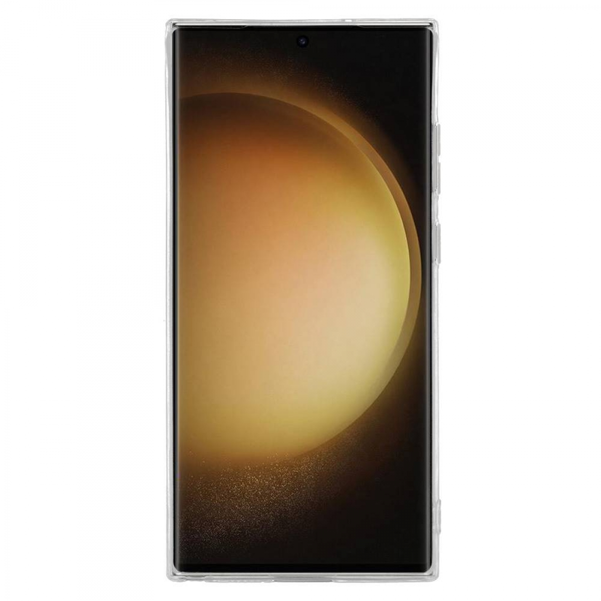 Smartphone in transparenter Hülle. Kamera und Tasten sichtbar. Weißer Hintergrund.