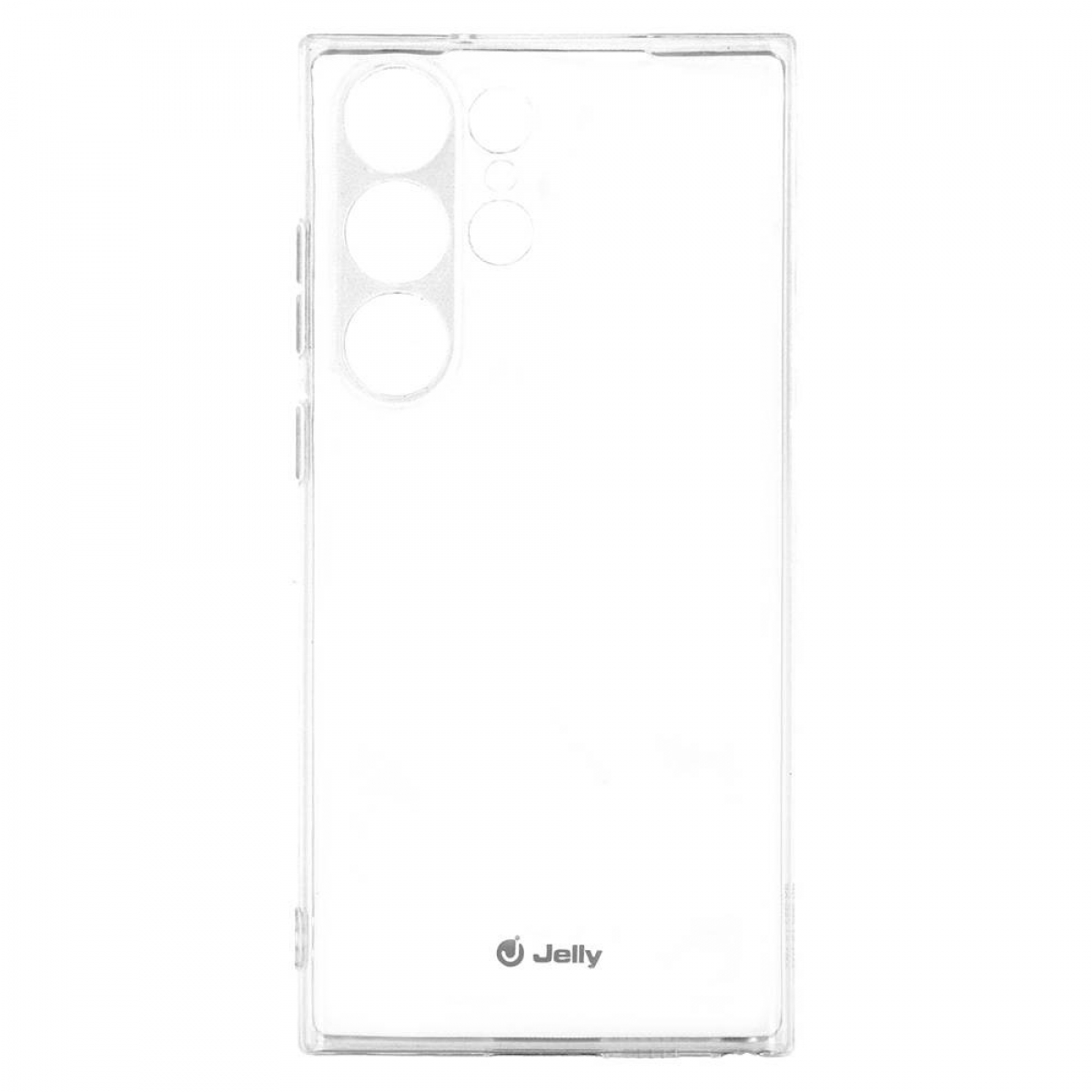 Transparente Handyhülle mit Kameraausschnitt und Jelly-Logo, Rückseite des Telefons zeigend.
