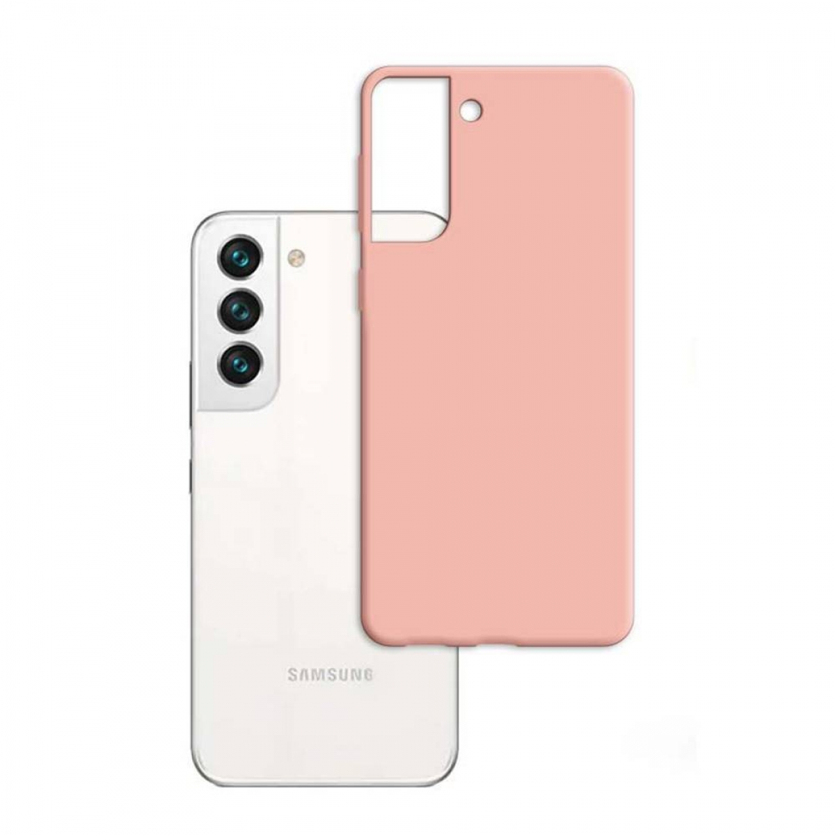 Telefono bianco e custodia rosa. Il telefono è sul retro e la custodia è accanto.