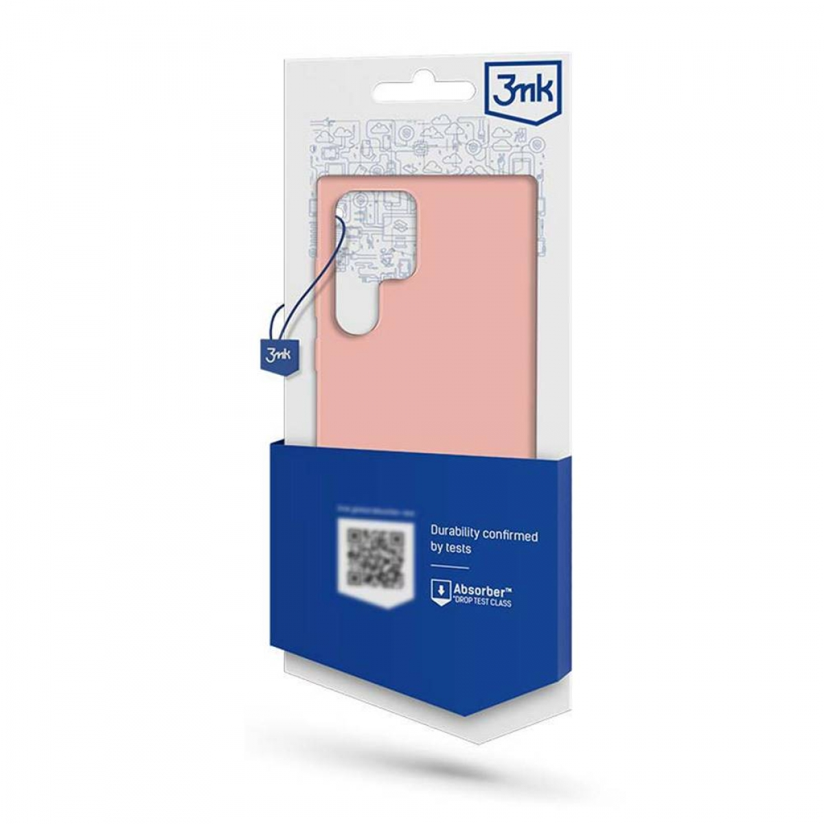 Różowe etui na telefon w niebiesko-białym pudełku. Etui jest widoczne. Kod QR i tekst są widoczne.