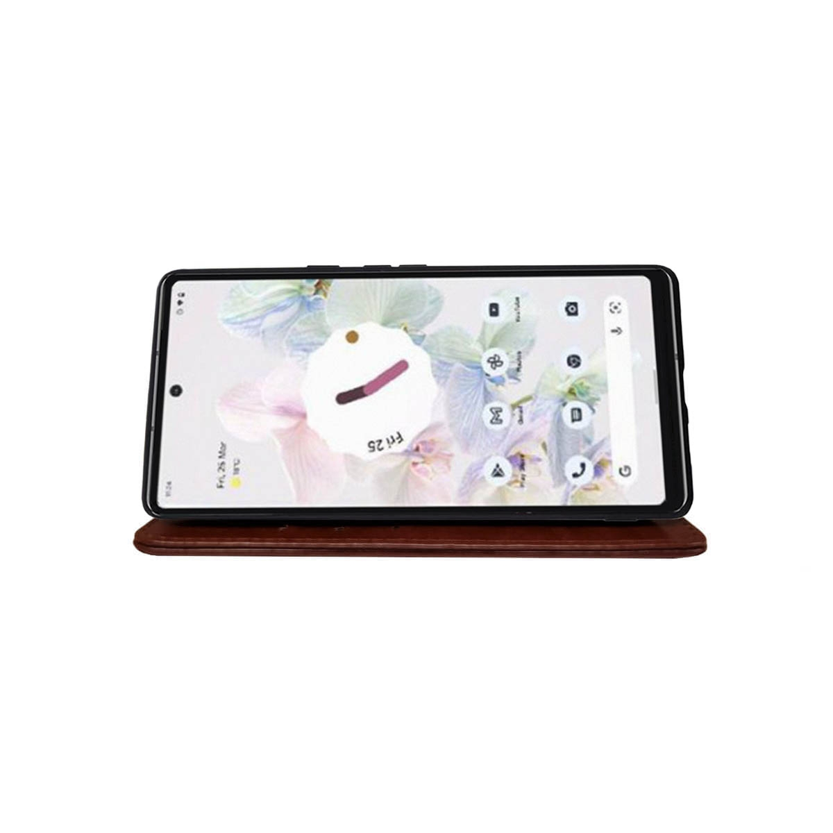 Ein Smartphone mit Hülle auf einem Ständer, das App-Symbole anzeigt. Braune Hülle.