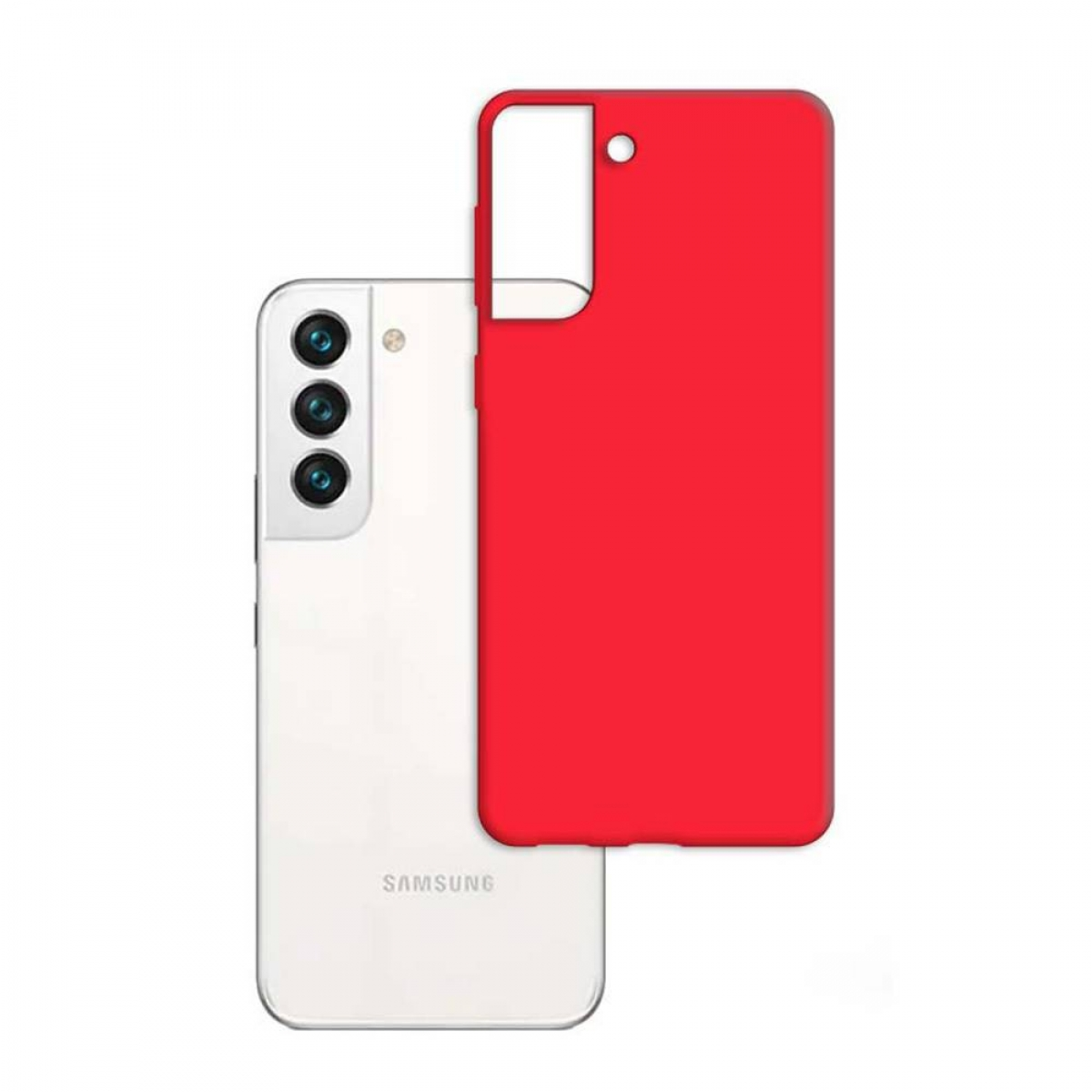 Telefono Samsung bianco accanto a una custodia rossa su sfondo bianco.