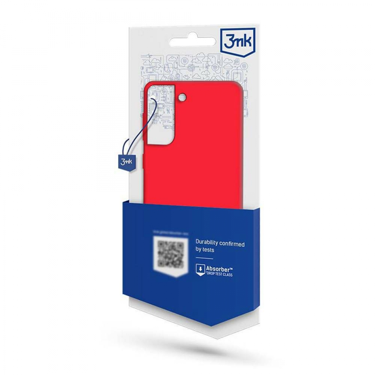 Custodia rossa per telefono in una confezione. La custodia è l'elemento principale. Imballaggio bianco e blu.