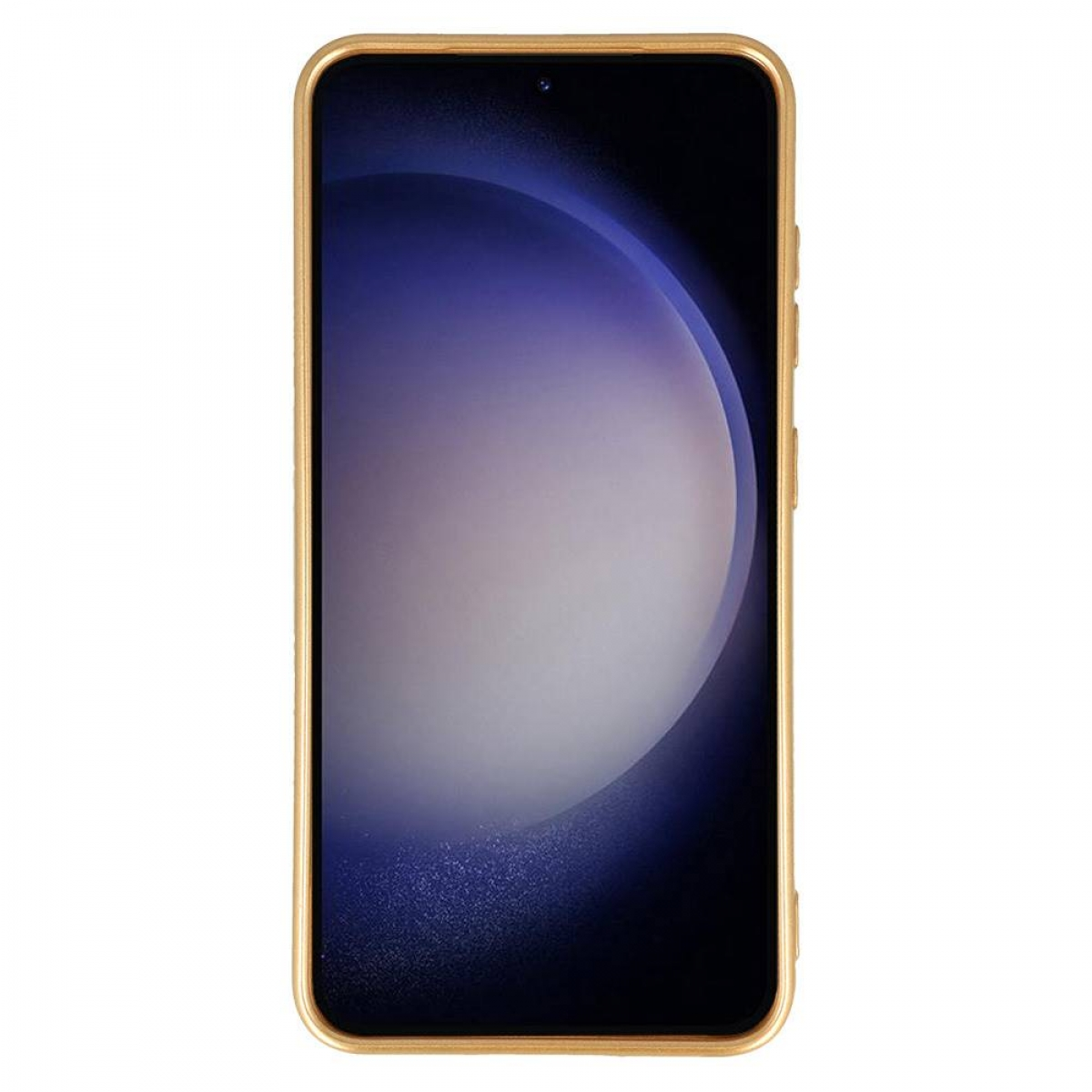 Gold gerahmtes Smartphone mit schwarzem Bildschirm, der ein abstraktes blau-violettes Design zeigt.