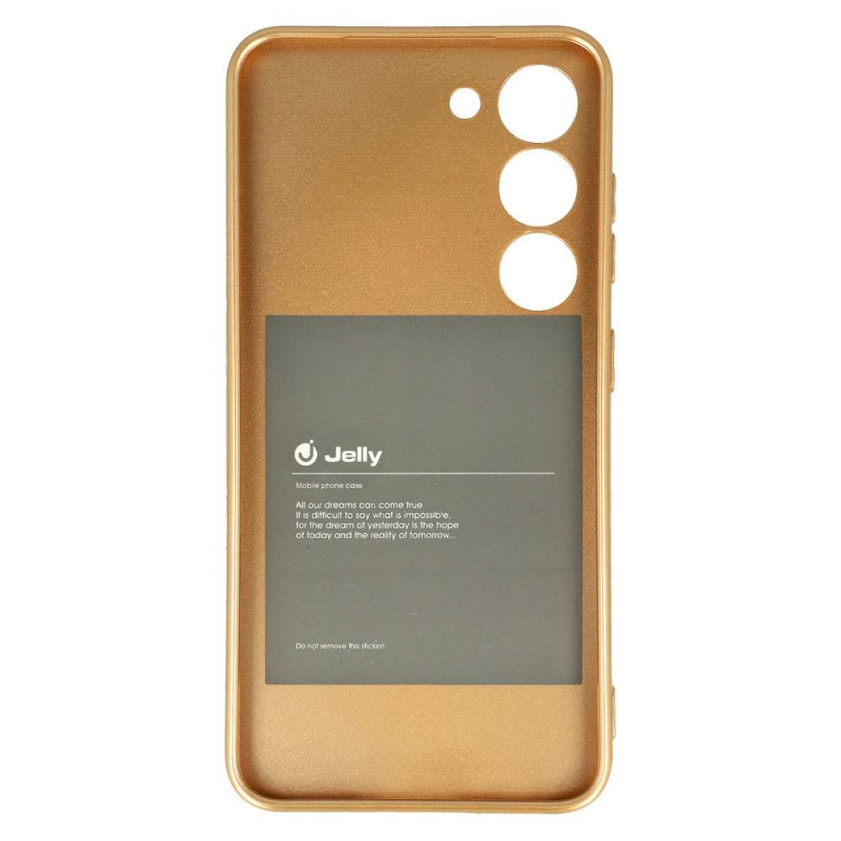 Goldene Handyhülle mit Jelly-Logo und grauem rechteckigem Einsatz mit Text. Drei Kameralöcher sind sichtbar.